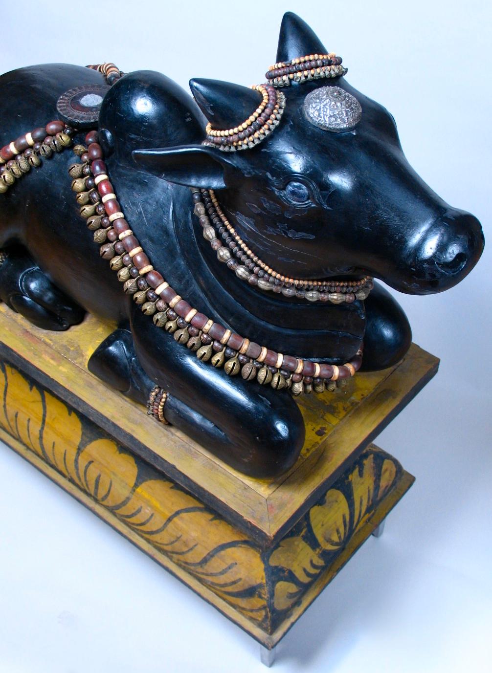 20th Century Antique South Indian Carved Wood Bull Figure of Hindu Deity Nandi For Sale
