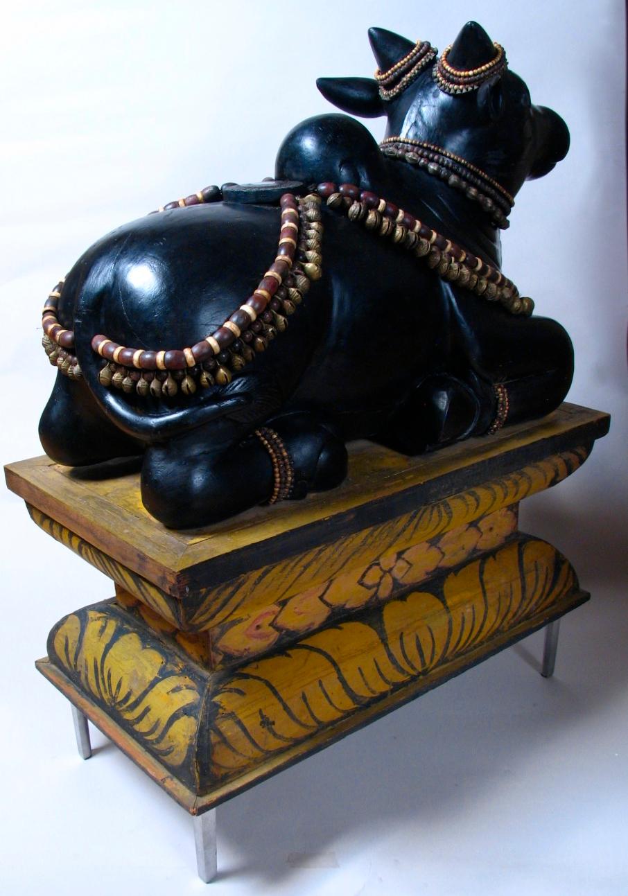Hardwood Antique South Indian Carved Wood Bull Figure of Hindu Deity Nandi For Sale