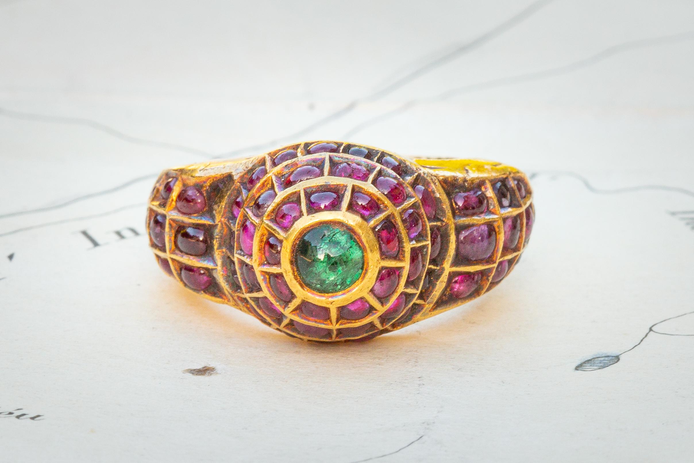 Cabochon Antique South Indian Heavy 22K Gold Emerald and Ruby Statement Ring Mughal