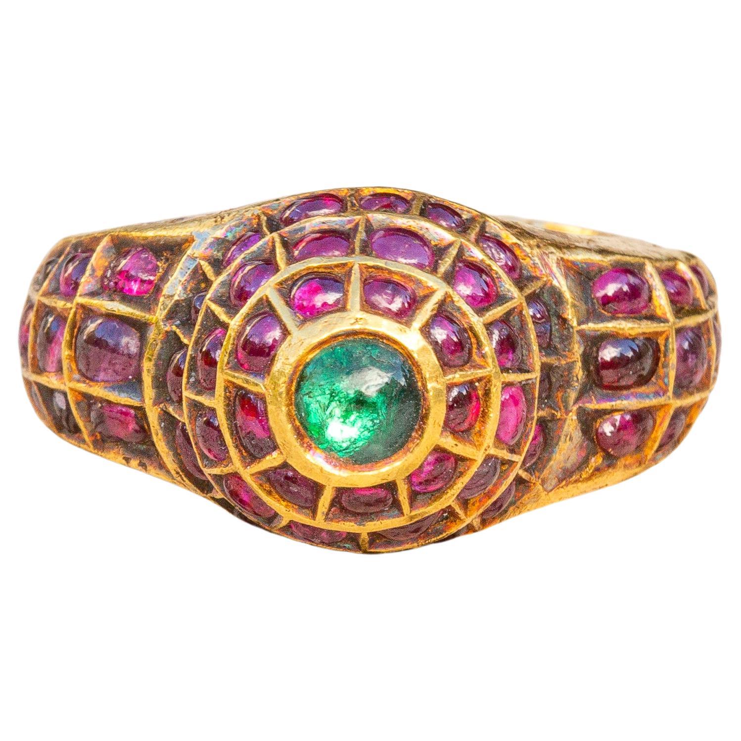 Antique South Indian Heavy 22K Gold Emerald and Ruby Statement Ring Mughal