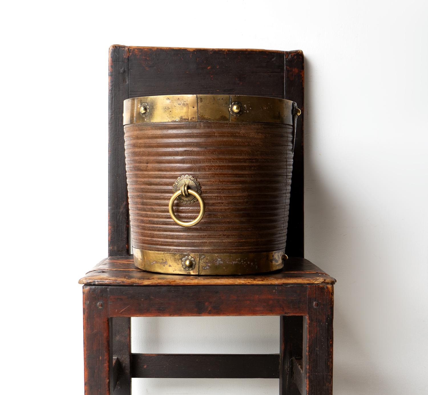 Antique South Indian Teak and Brass Rice Bucket Container, 19th Century For Sale 8