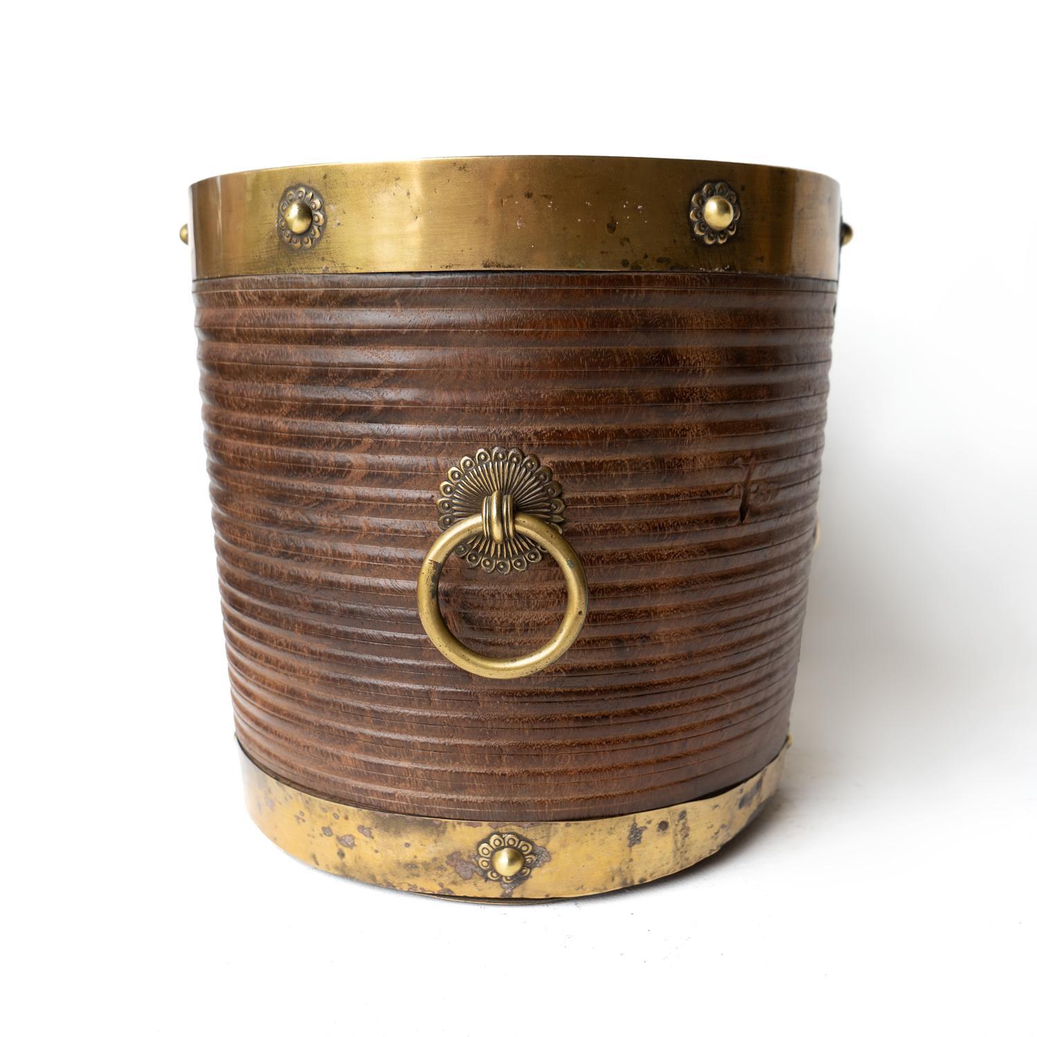 Hand-Carved Antique South Indian Teak and Brass Rice Bucket Container, 19th Century For Sale
