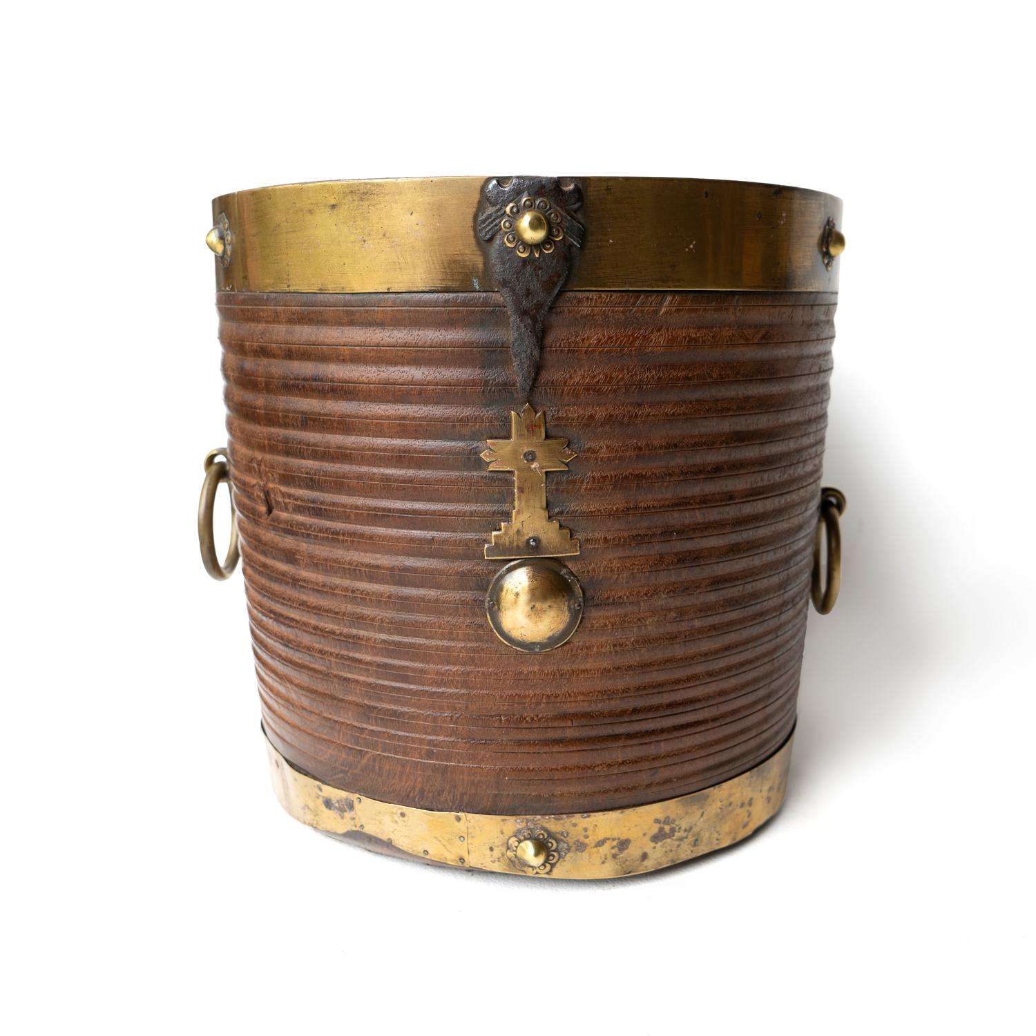 Antique South Indian Teak and Brass Rice Bucket Container, 19th Century For Sale 1