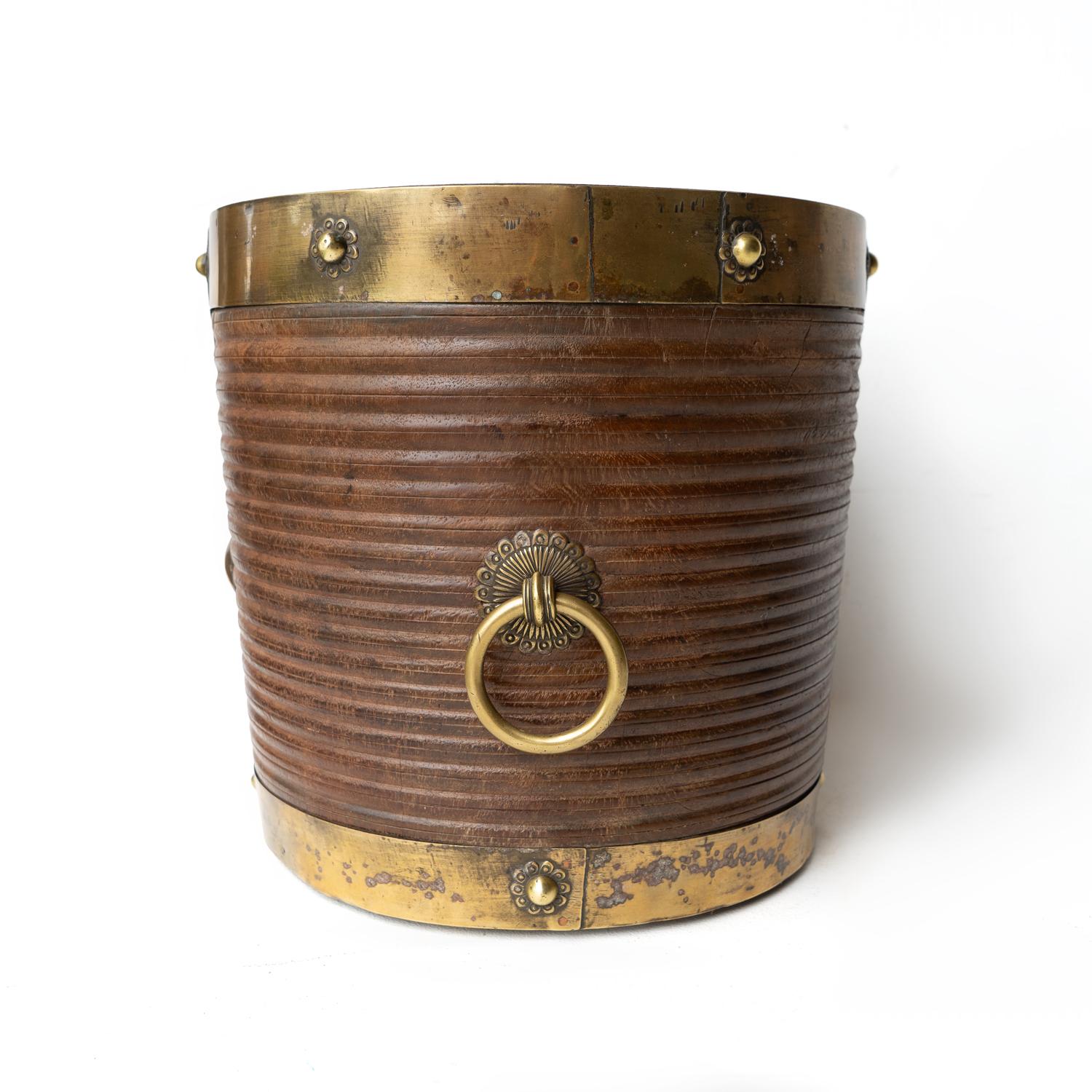 Antique South Indian Teak and Brass Rice Bucket Container, 19th Century For Sale 2