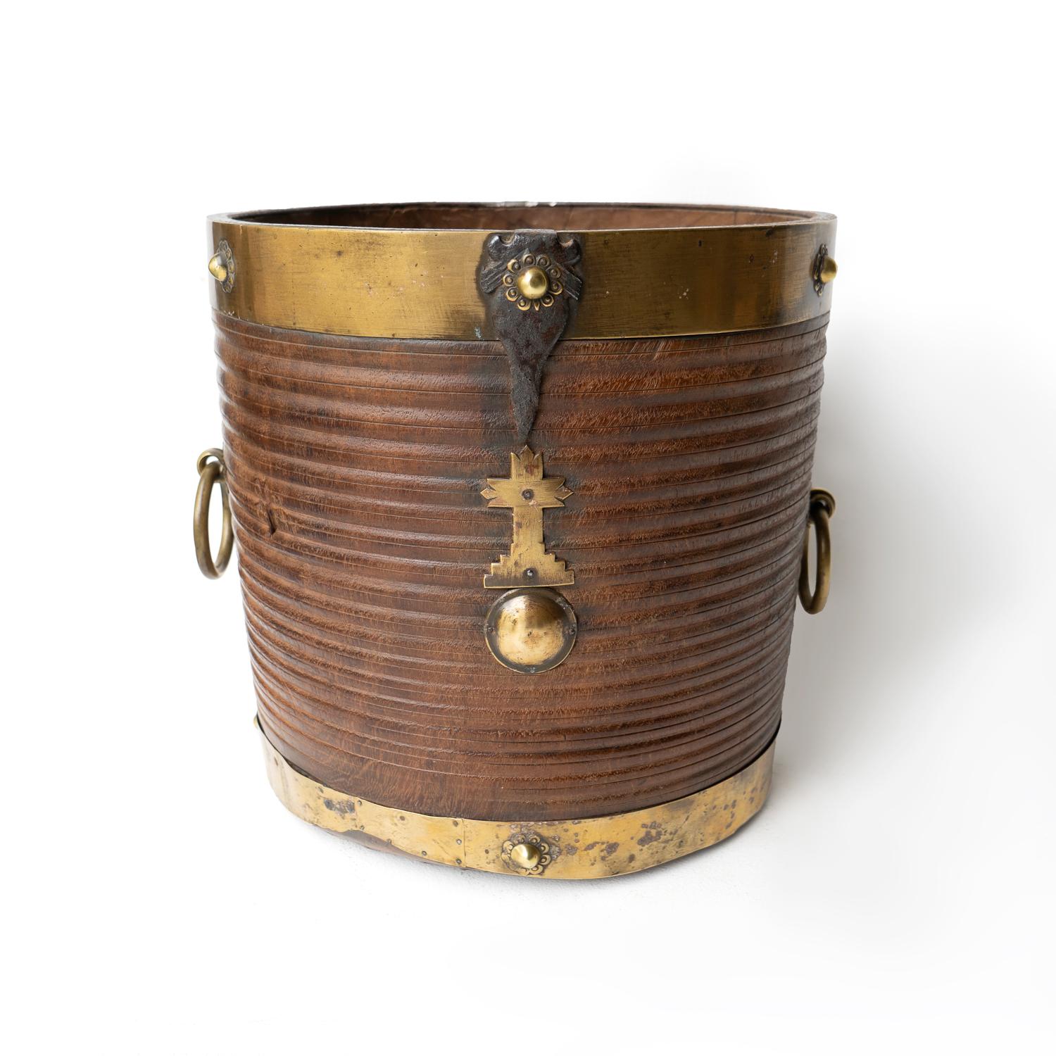 Antique South Indian Teak and Brass Rice Bucket Container, 19th Century For Sale 3