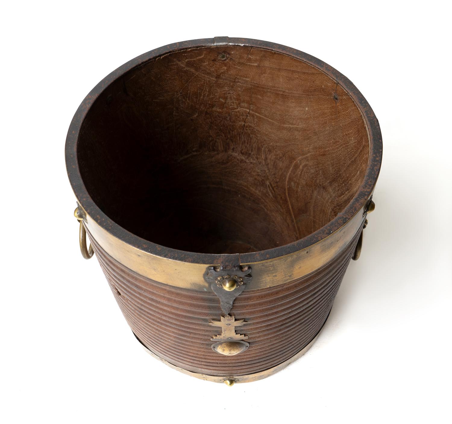 Antique South Indian Teak and Brass Rice Bucket Container, 19th Century For Sale 4
