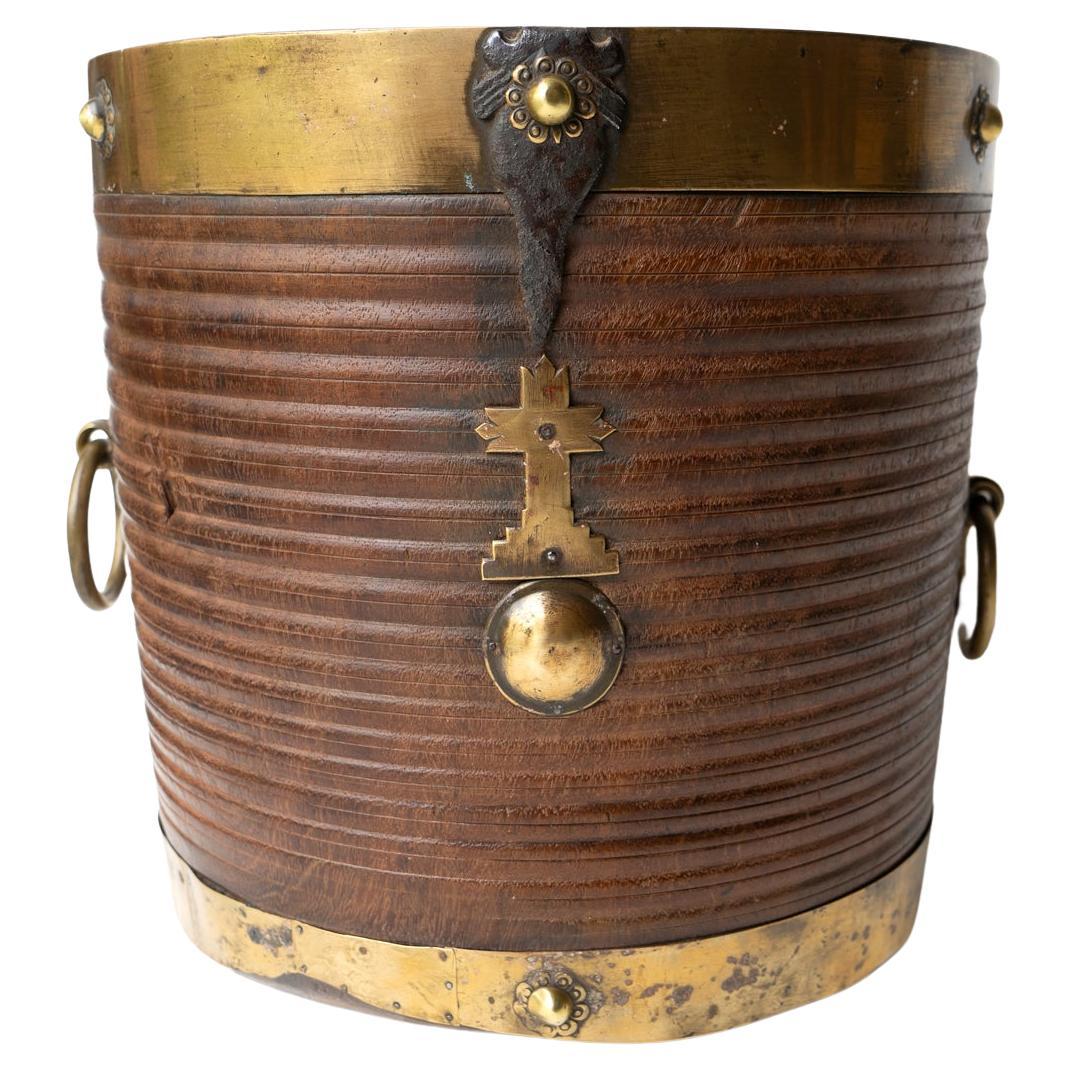 Antique South Indian Teak and Brass Rice Bucket Container, 19th Century For Sale