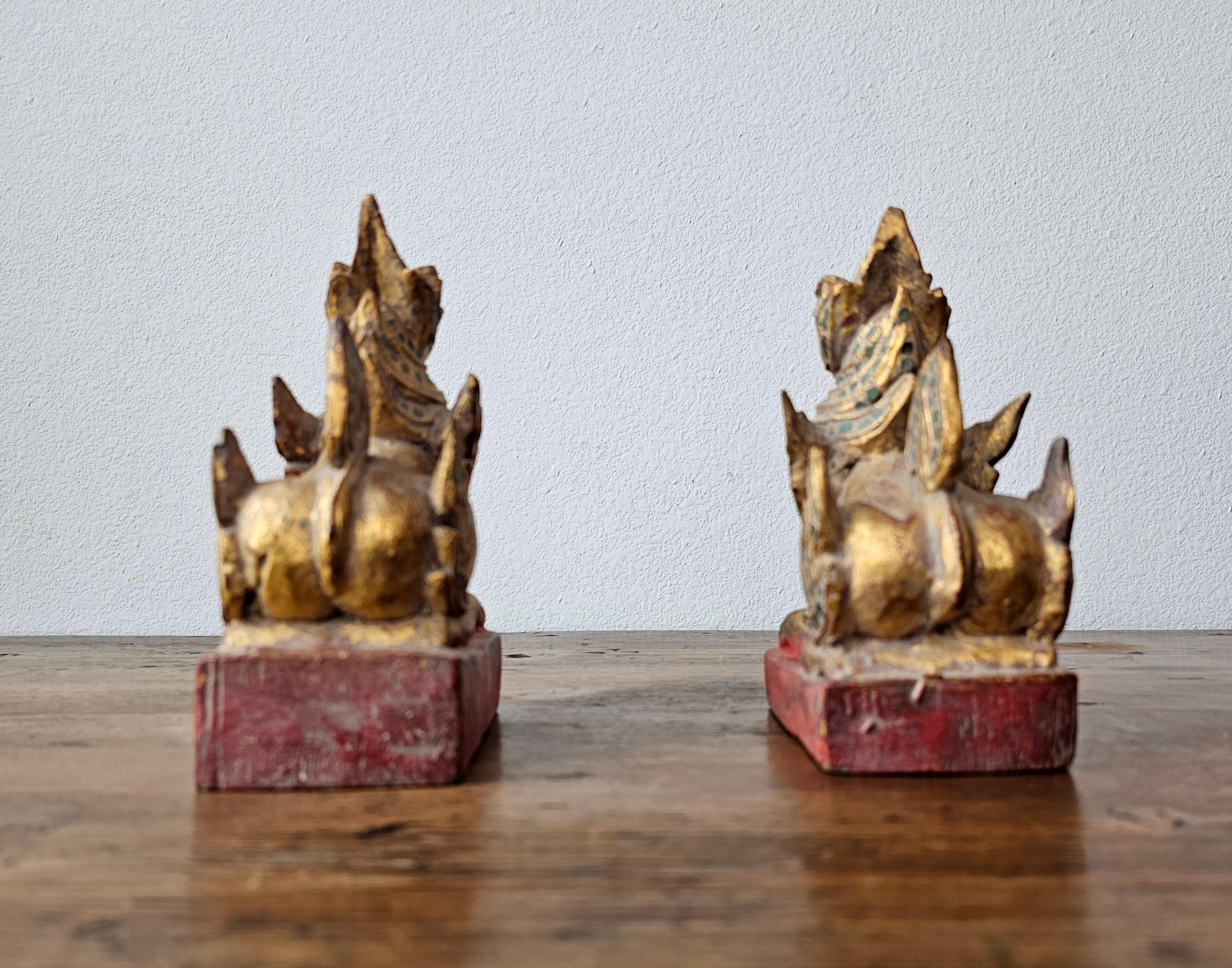 Antique Southeast Asian Burmese Jeweled Carved Qilin Foo Lion Figure Statue Pair For Sale 3