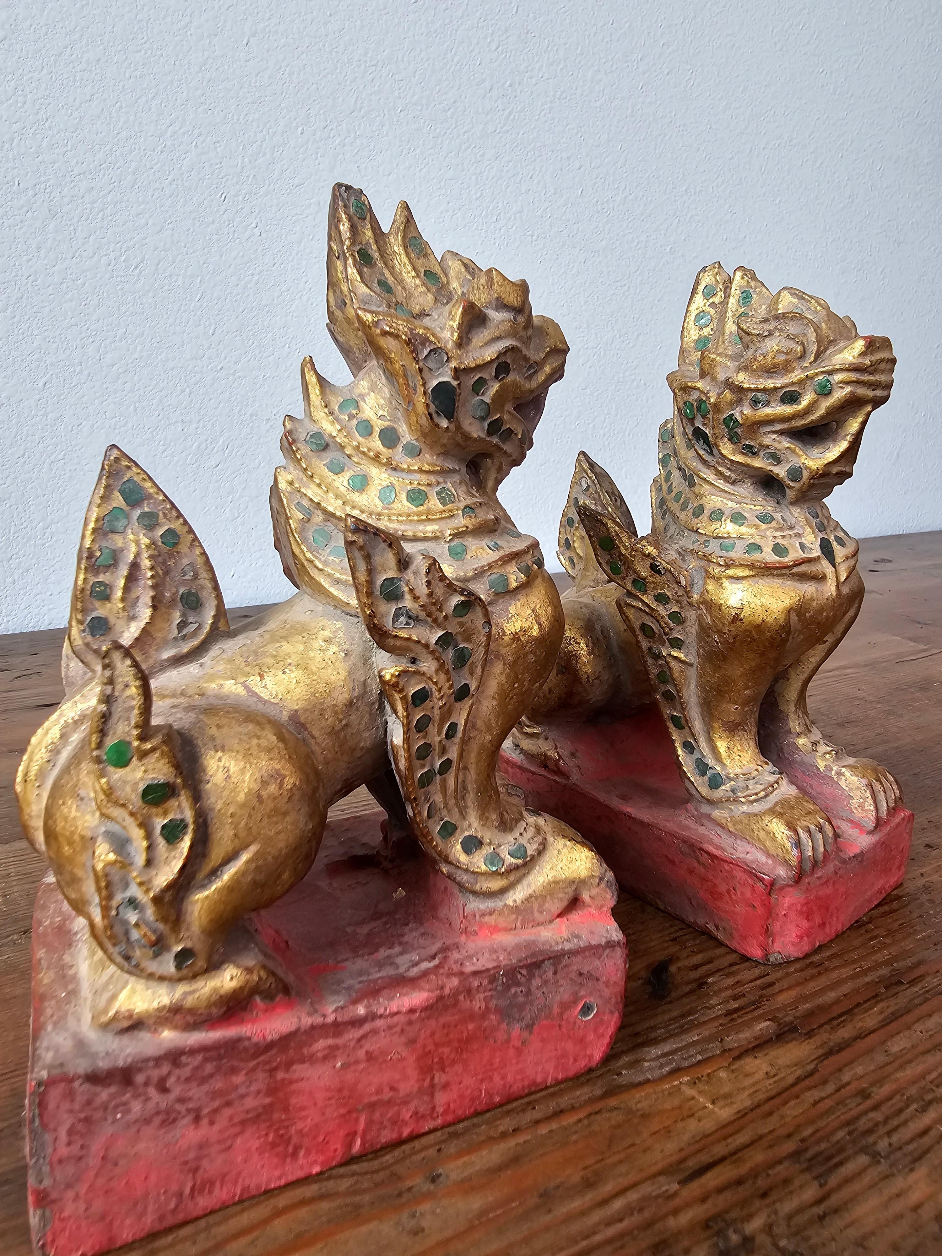 Antique Southeast Asian Burmese Jeweled Carved Qilin Foo Lion Figure Statue Pair For Sale 4