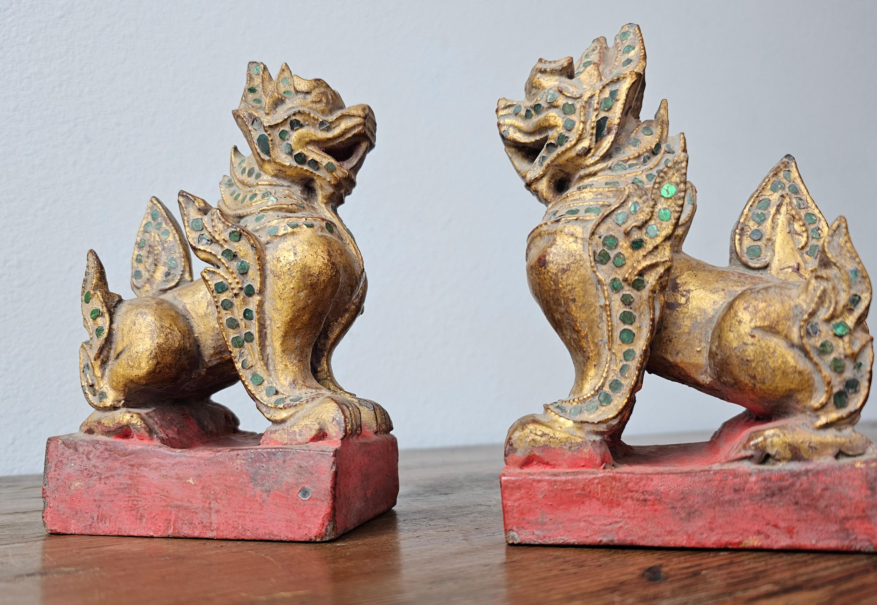 Antique Southeast Asian Burmese Jeweled Carved Qilin Foo Lion Figure Statue Pair For Sale 5