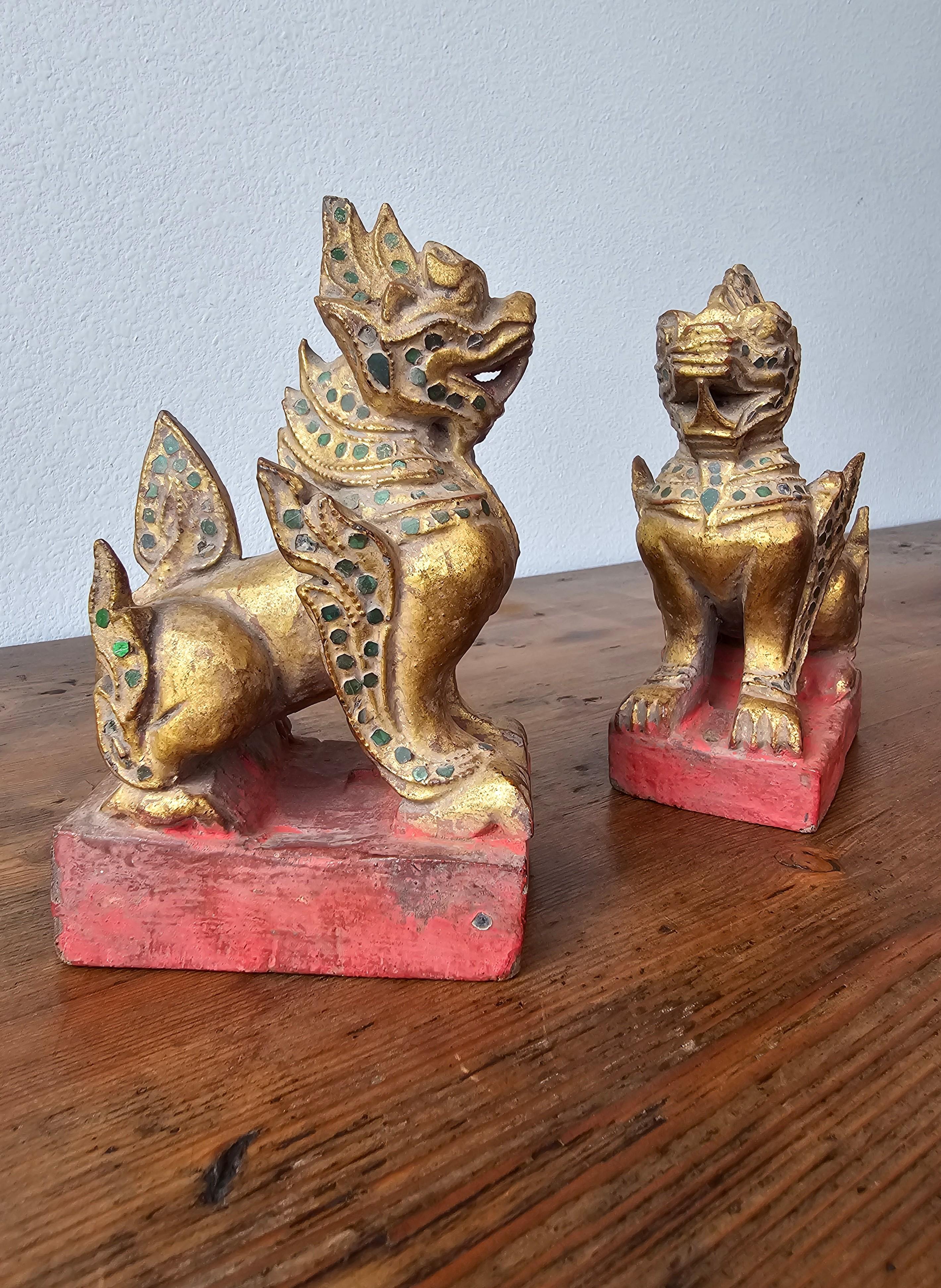 Antique Southeast Asian Burmese Jeweled Carved Qilin Foo Lion Figure Statue Pair For Sale 6