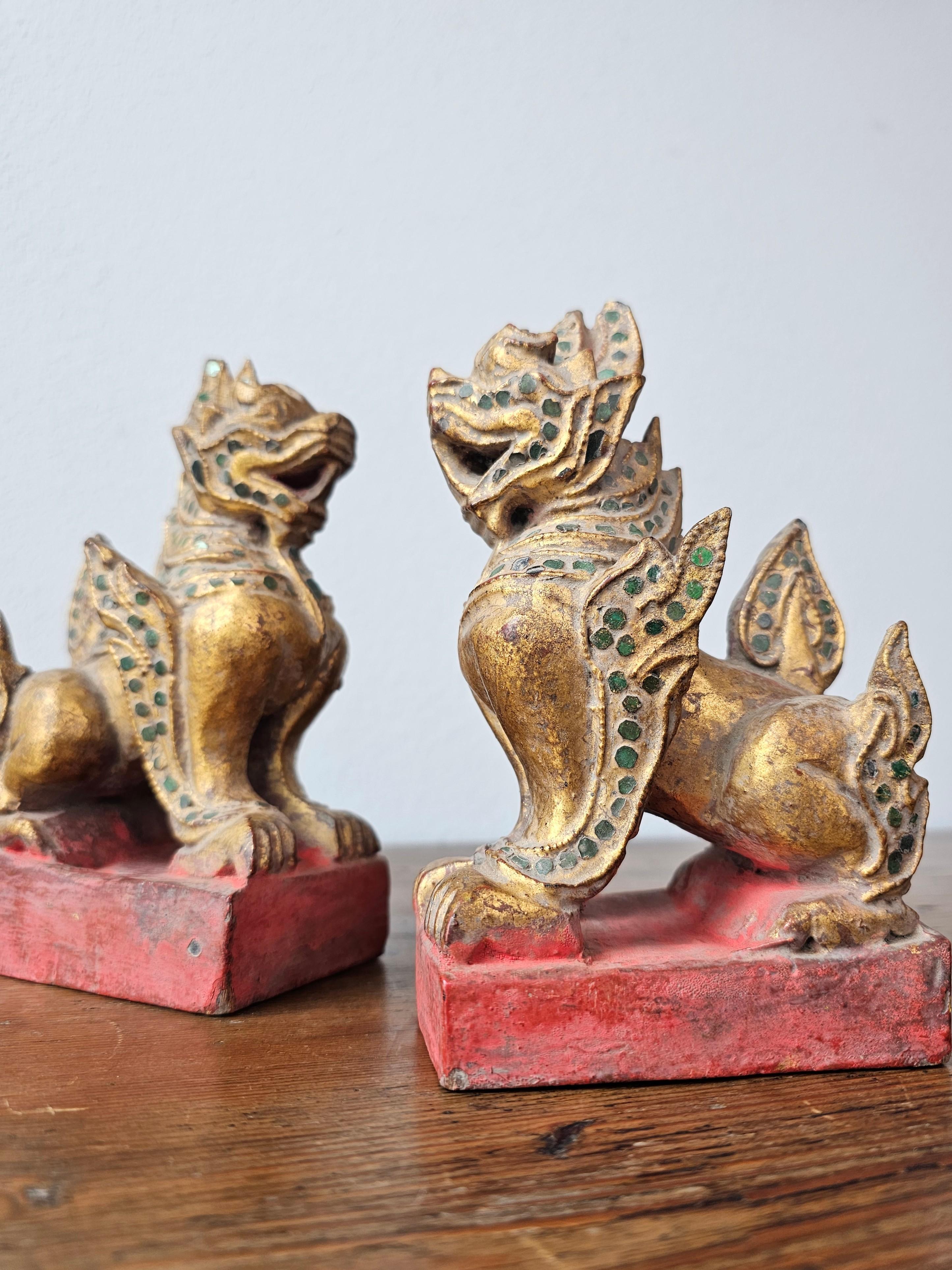 Antique Southeast Asian Burmese Jeweled Carved Qilin Foo Lion Figure Statue Pair For Sale 7