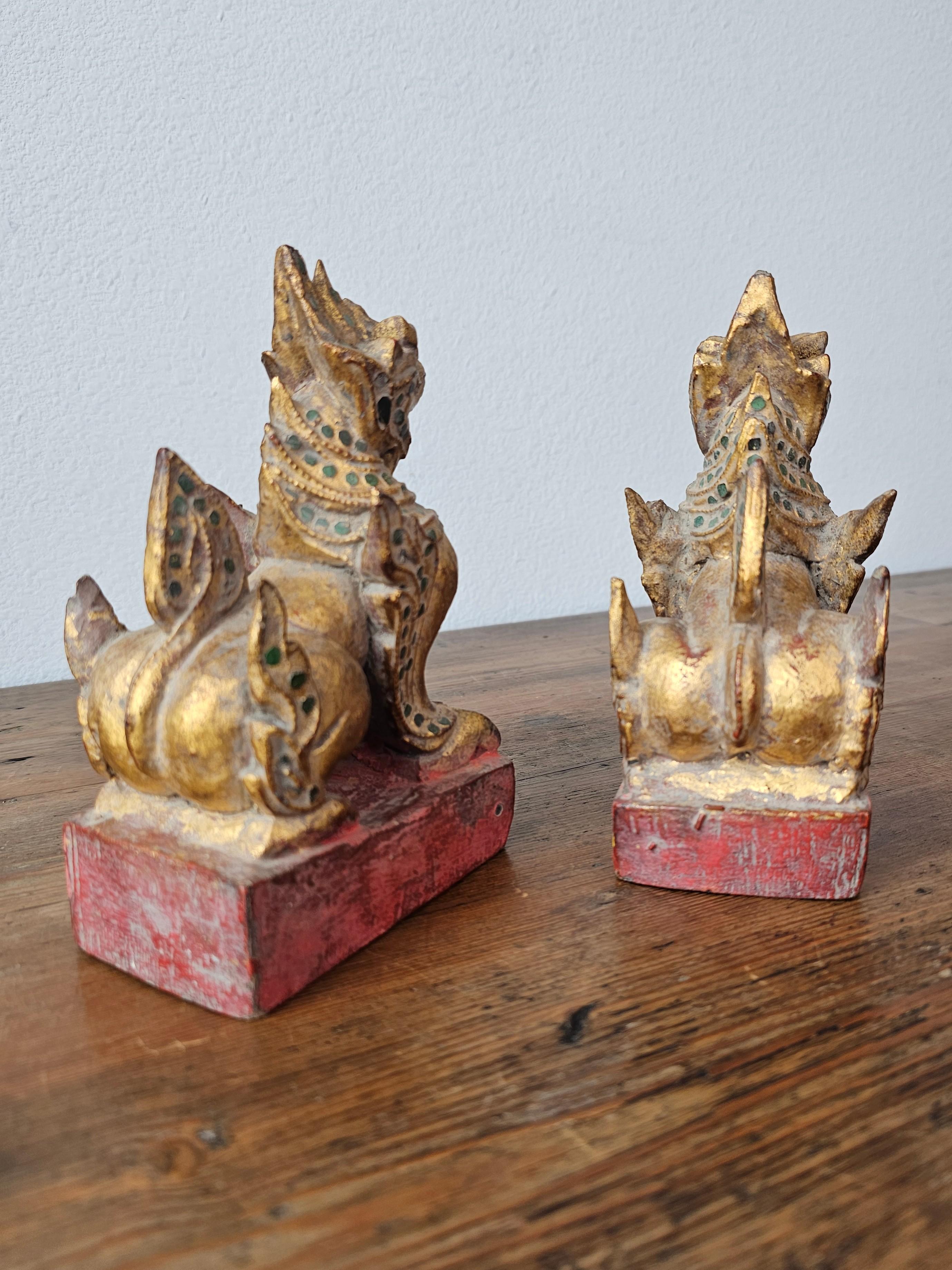Antique Southeast Asian Burmese Jeweled Carved Qilin Foo Lion Figure Statue Pair For Sale 9