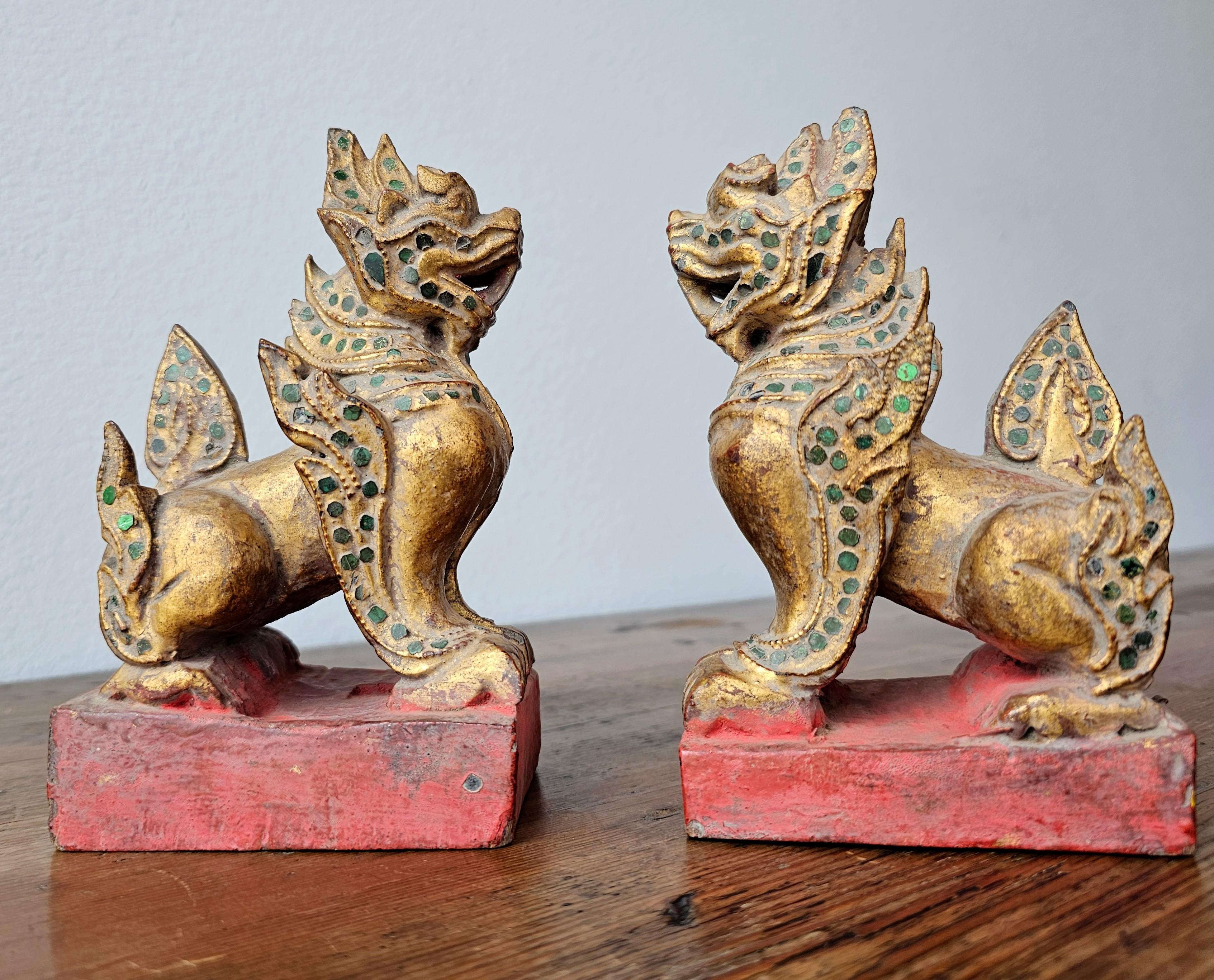Antique Southeast Asian Burmese Jeweled Carved Qilin Foo Lion Figure Statue Pair For Sale 11