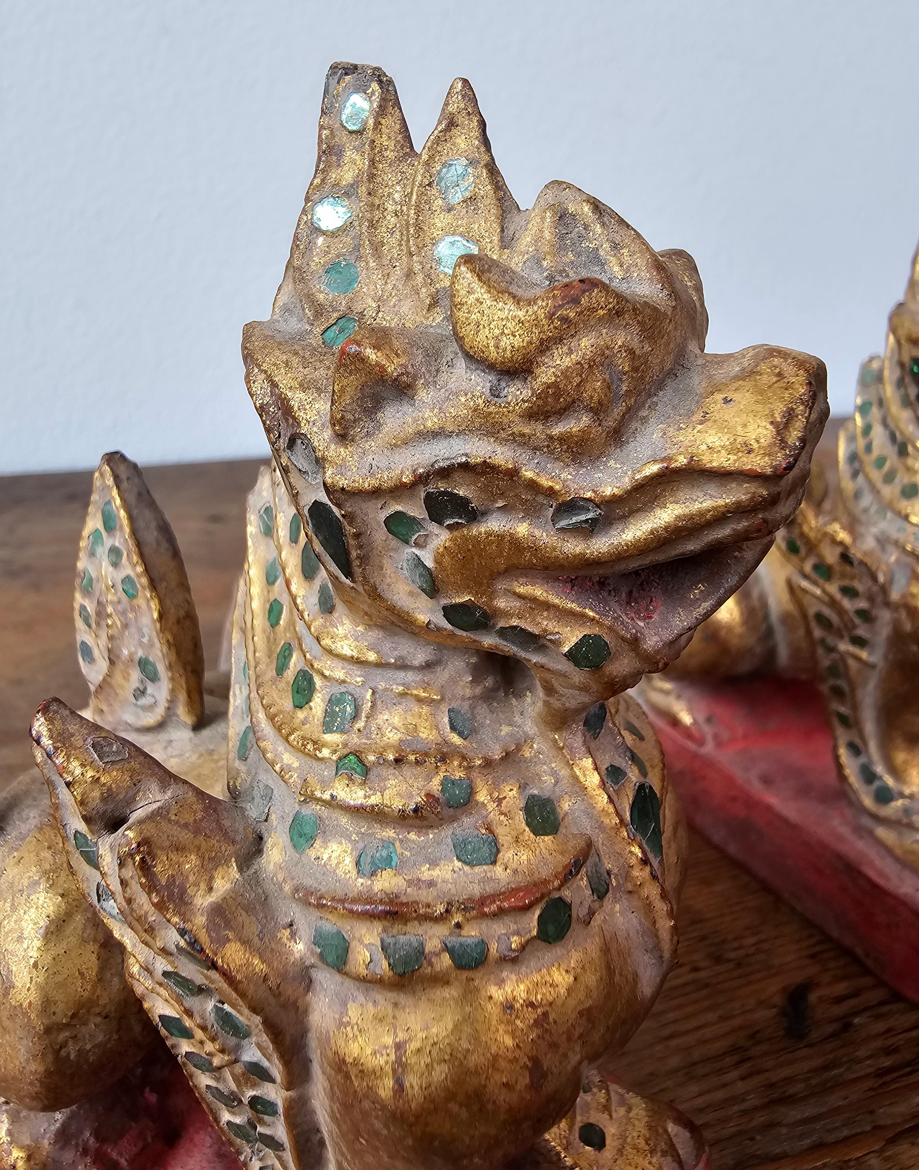 Antique Southeast Asian Burmese Jeweled Carved Qilin Foo Lion Figure Statue Pair For Sale 12