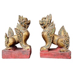 Antique Southeast Asian Burmese Jeweled Carved Qilin Foo Lion Figure Statue Pair