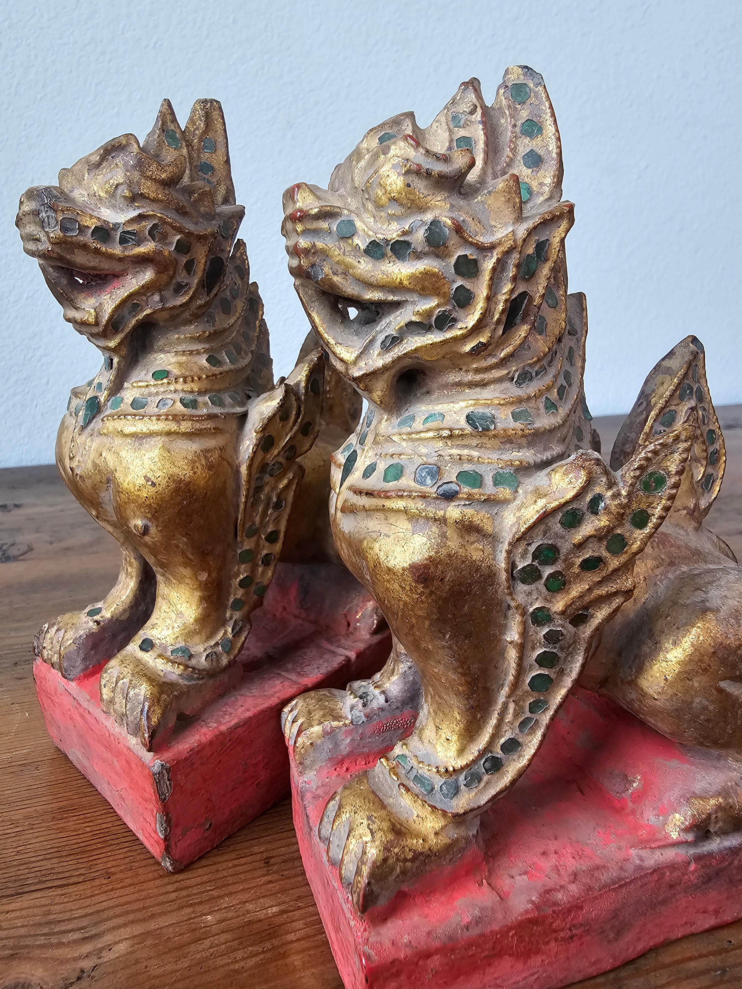 Antique Southeast Asian Burmese Jeweled Carved Qilin Foo Lion Figure Statue Pair For Sale 13