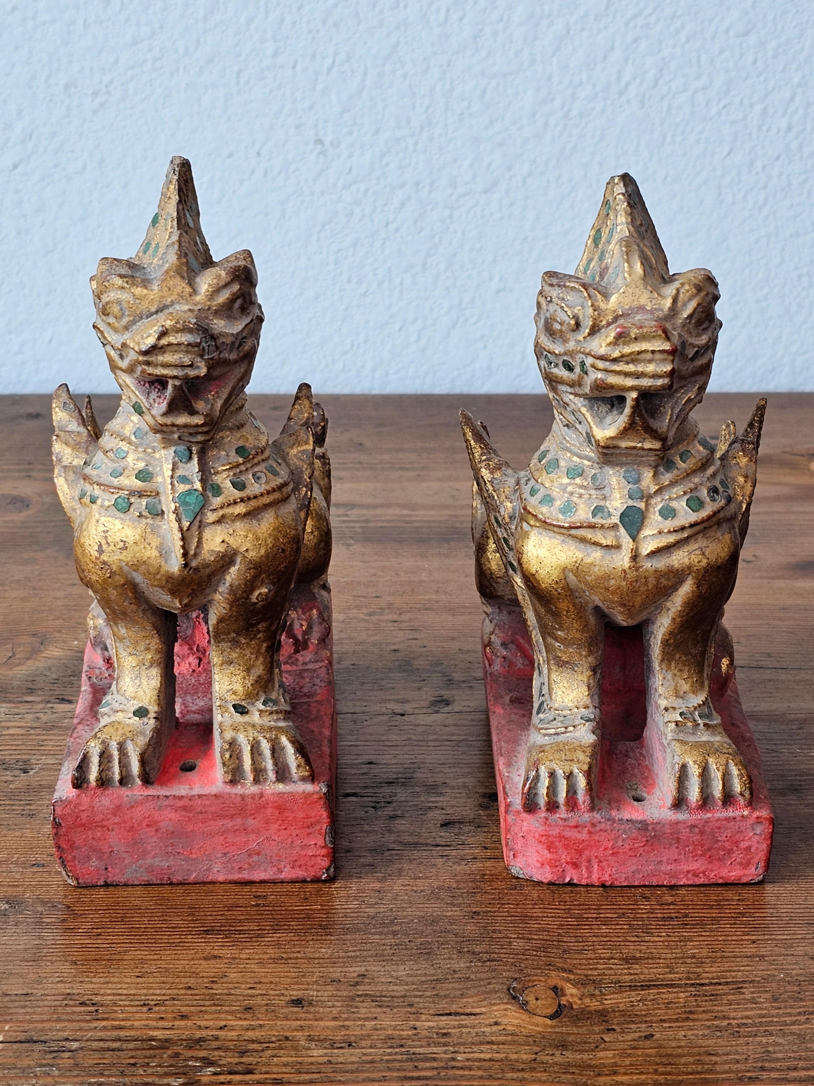 Folk Art Antique Southeast Asian Burmese Jeweled Carved Qilin Foo Lion Figure Statue Pair For Sale