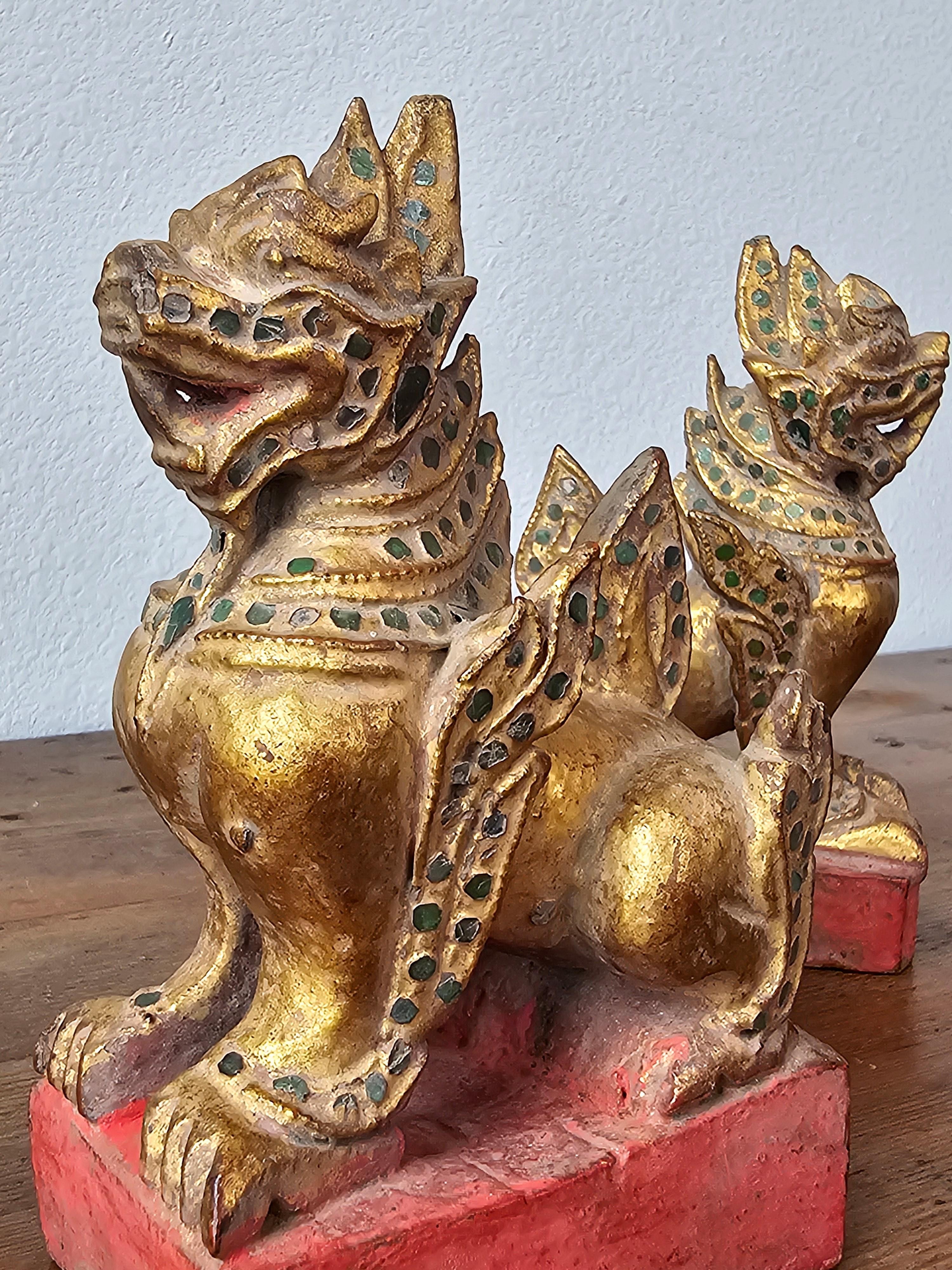 Antique Southeast Asian Burmese Jeweled Carved Qilin Foo Lion Figure Statue Pair For Sale 1