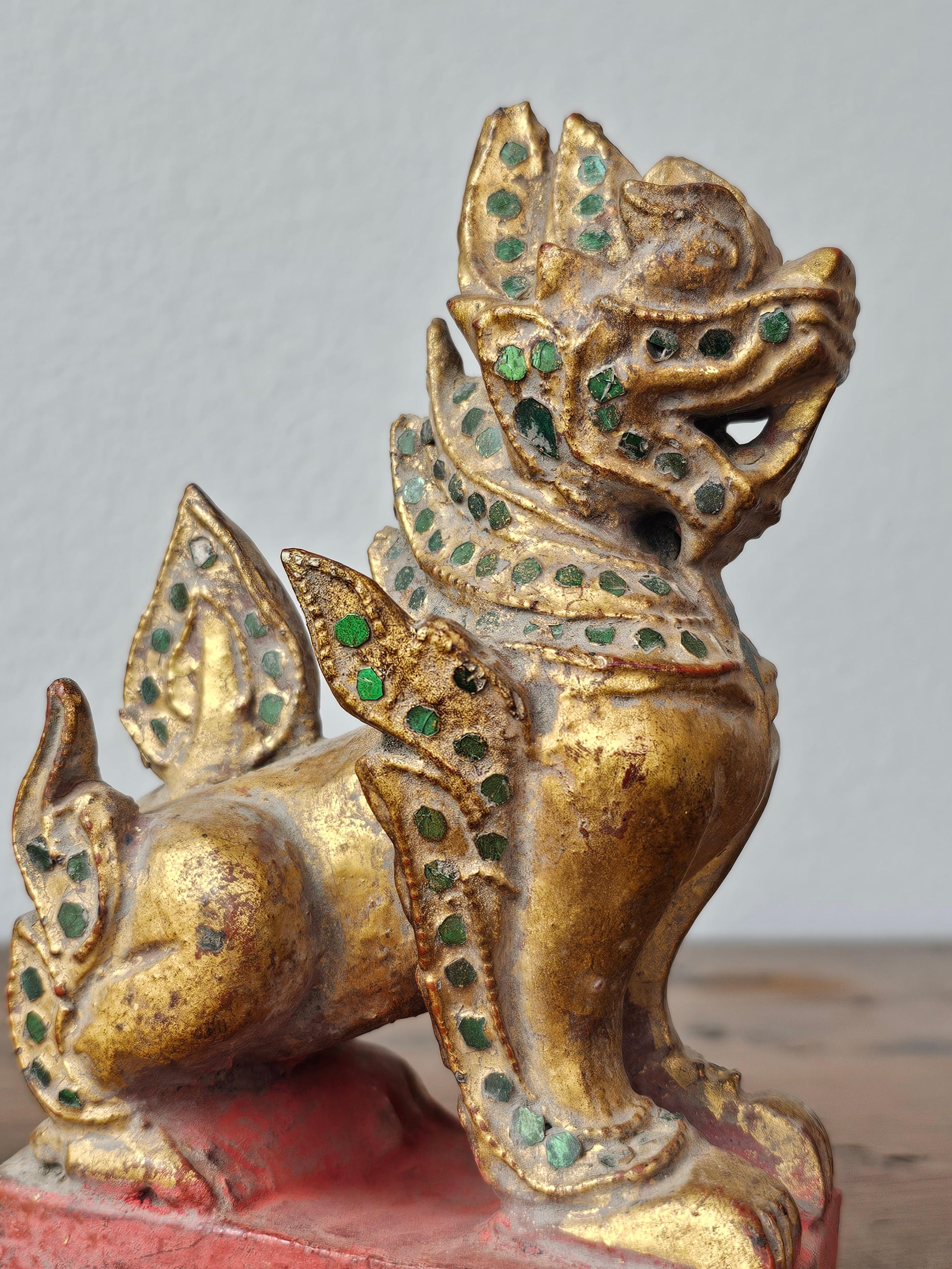 Antique Southeast Asian Burmese Jeweled Carved Qilin Foo Lion Figure Statue Pair For Sale 2