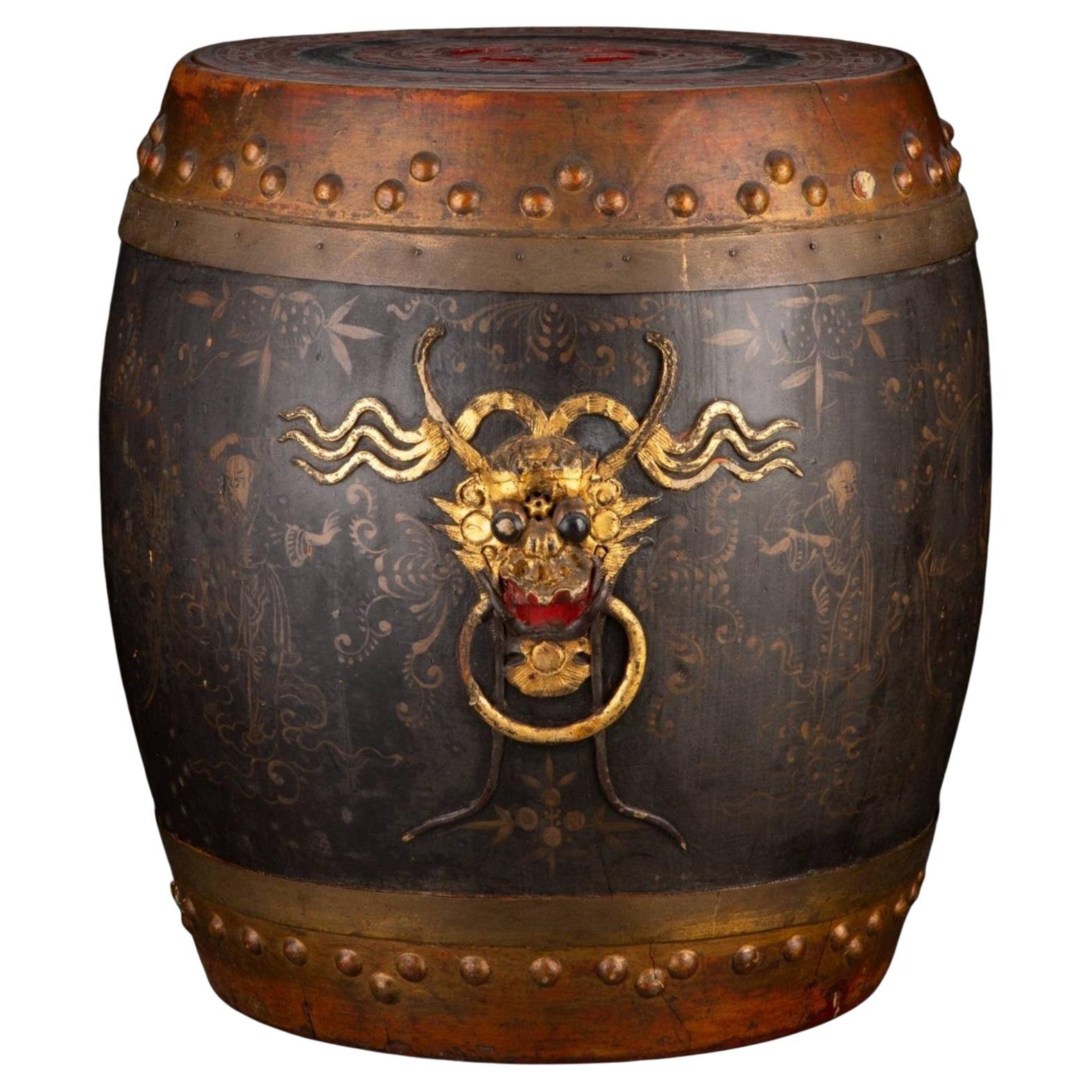 Antique Southeast Asian Dragon Rice Barrel Drum Table