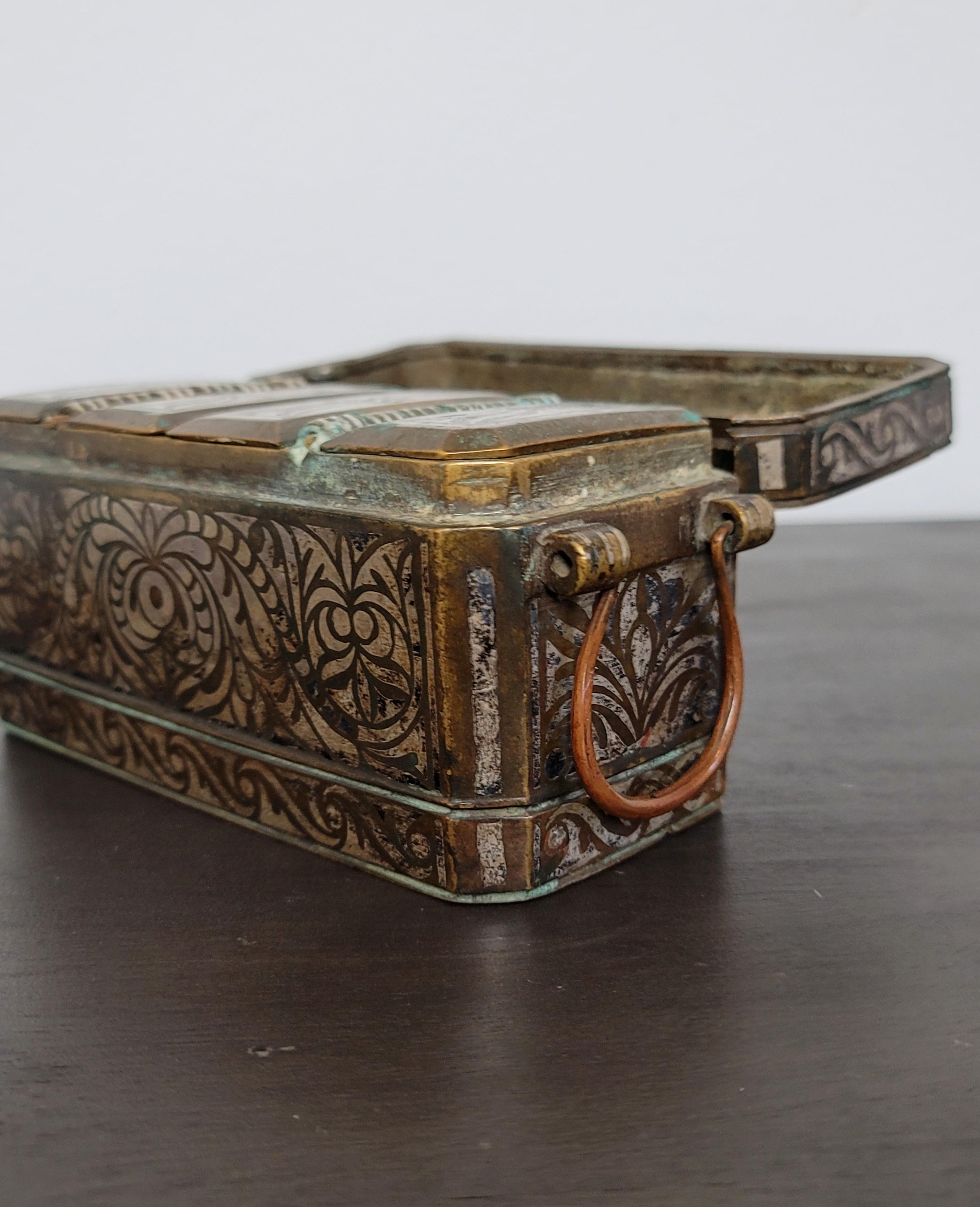 19th Century Antique Southeast Asian Filipino Maranao Silver Inlaid Brass Betel Nut Box For Sale