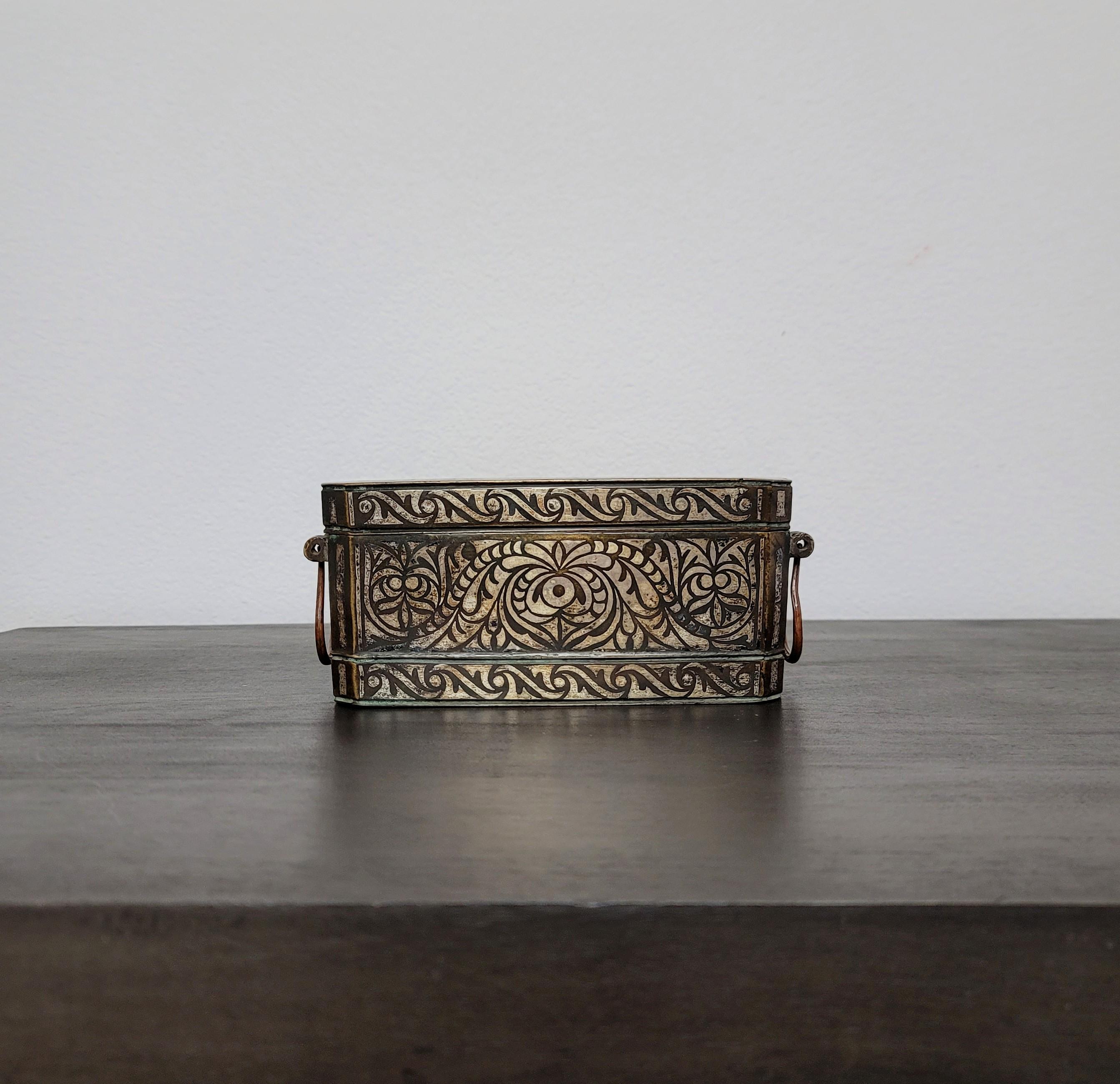 Inlay Antique Southeast Asian Filipino Maranao Silver Inlaid Brass Betel Nut Box For Sale