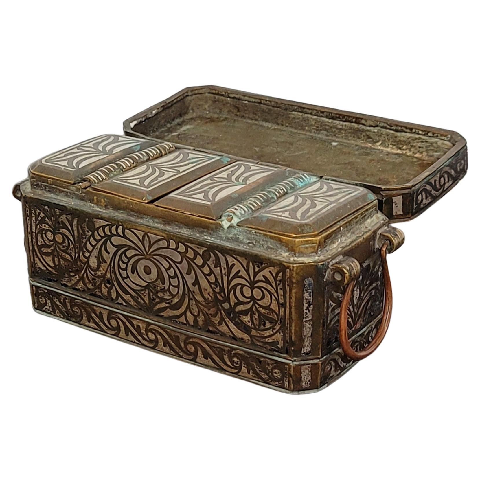 Antique Southeast Asian Filipino Maranao Silver Inlaid Brass Betel Nut Box For Sale