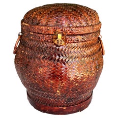 Antique Southeast Asian Lacquered Woven Wedding or Rice Basket with Brass Lock