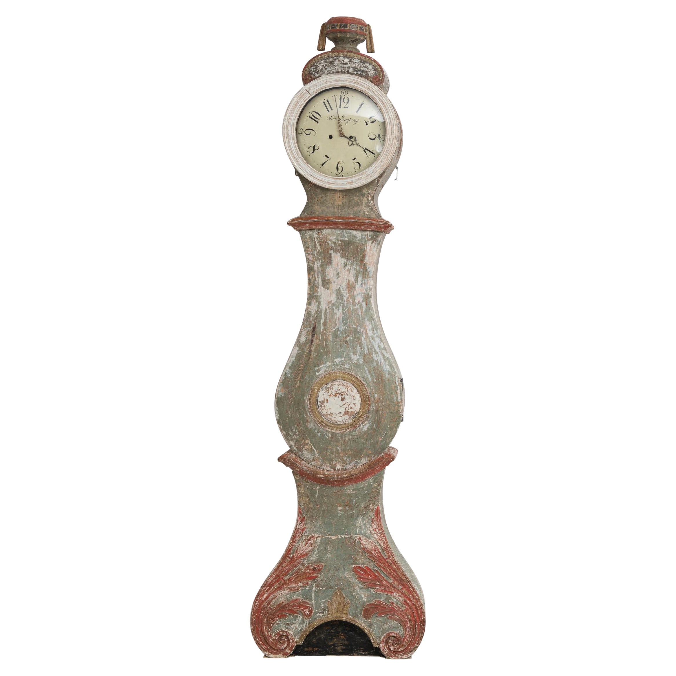 Antique Southern Swedish Rococo Long Case Clock with Original Paint