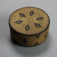 Antique Southwest Native American Indian Navajo Lidded Reed Basket C1920
