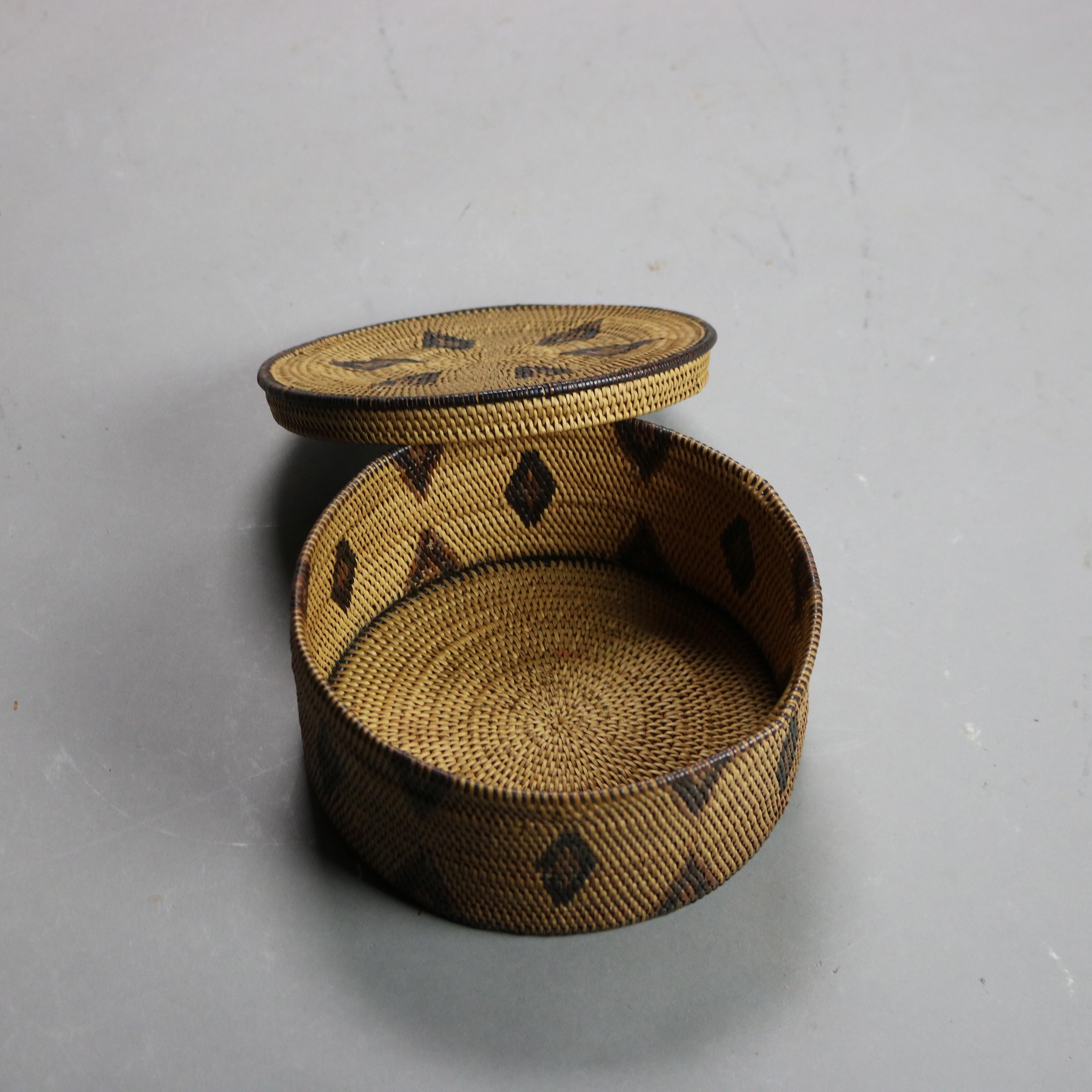 Antique Southwest Native American Indian Navajo Lidded Reed Basket C1920 2