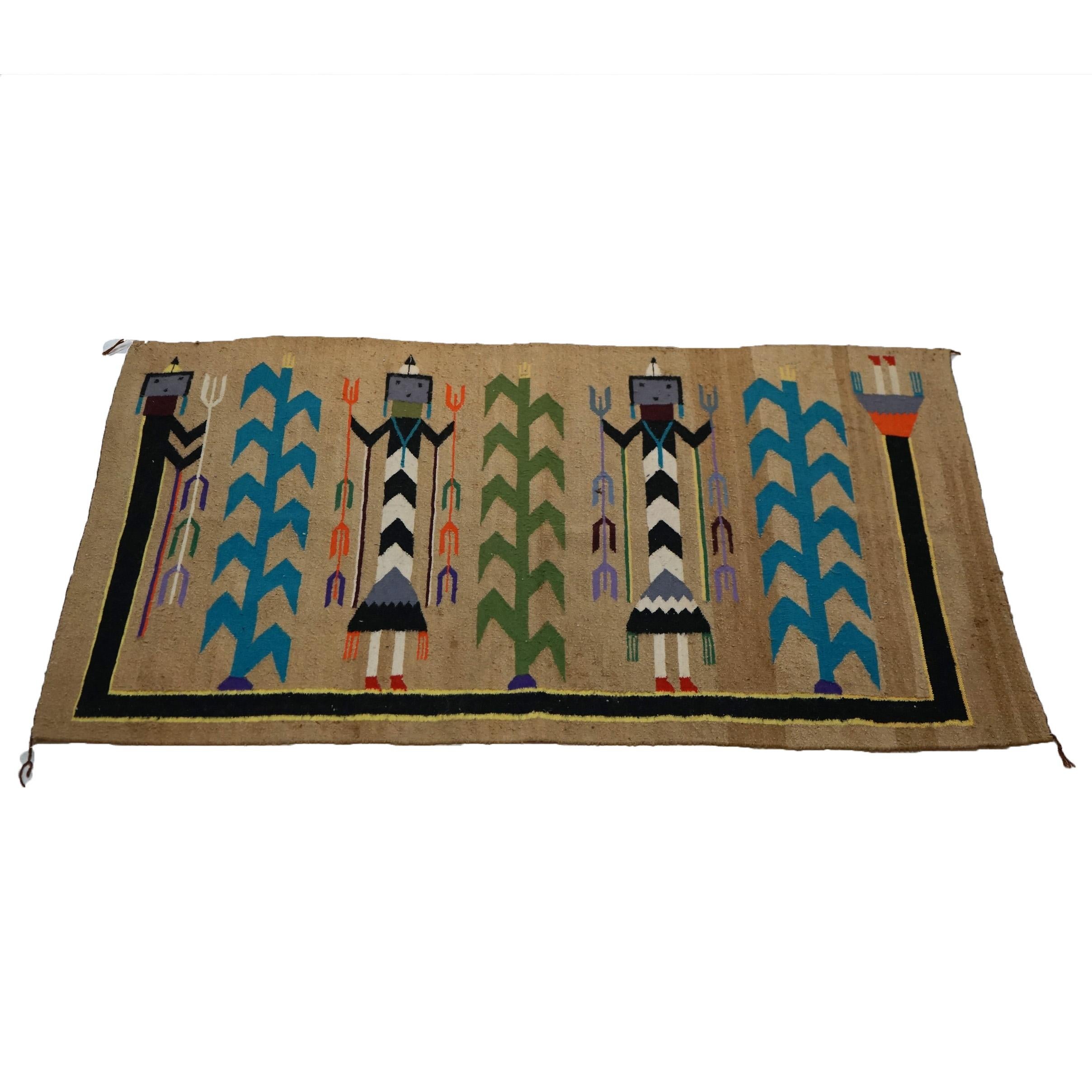 Antique Southwest Native American Indian Navajo Style Wool Yei Rug with Two Figures & Corn Crop Circa 1930

Measures - 36.5