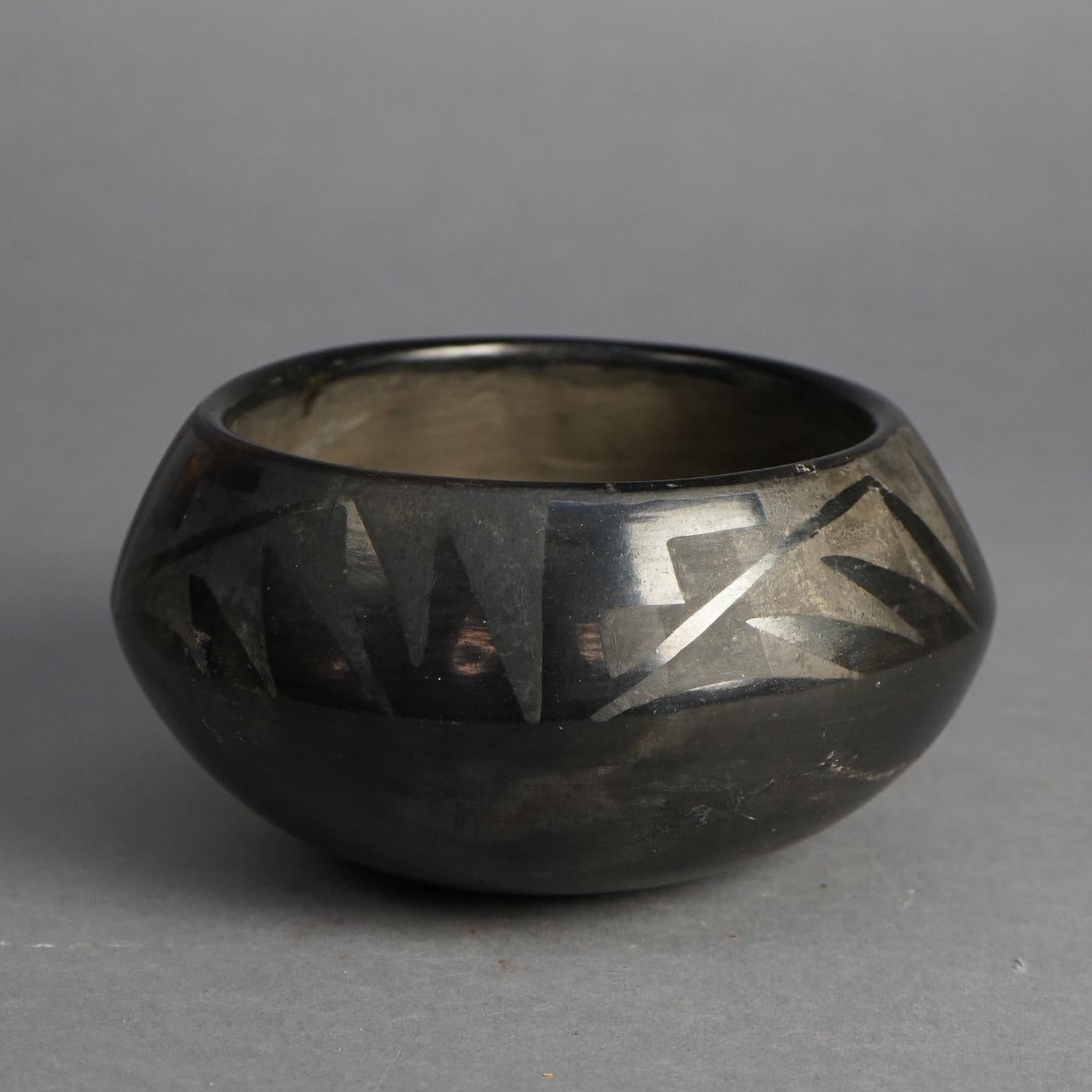 Antique Southwest Native American Indian San Ildefonso Black on Black Pueblo Pottery Bowl with Foliate And Geometric Elements C1920

Measures - 4