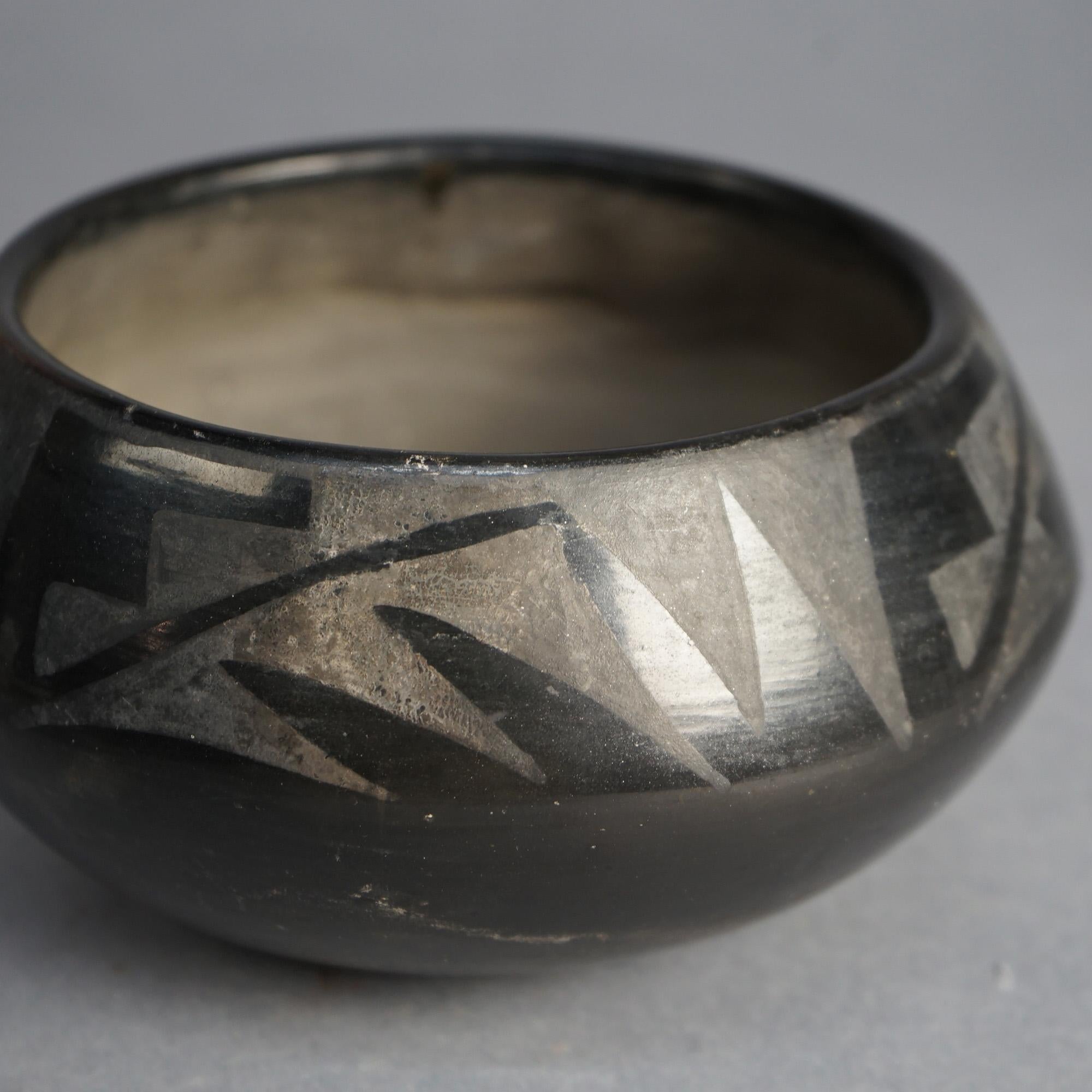 Antique Southwest San Ildefonso Black on Black Pueblo Pottery Bowl C1920 In Good Condition In Big Flats, NY