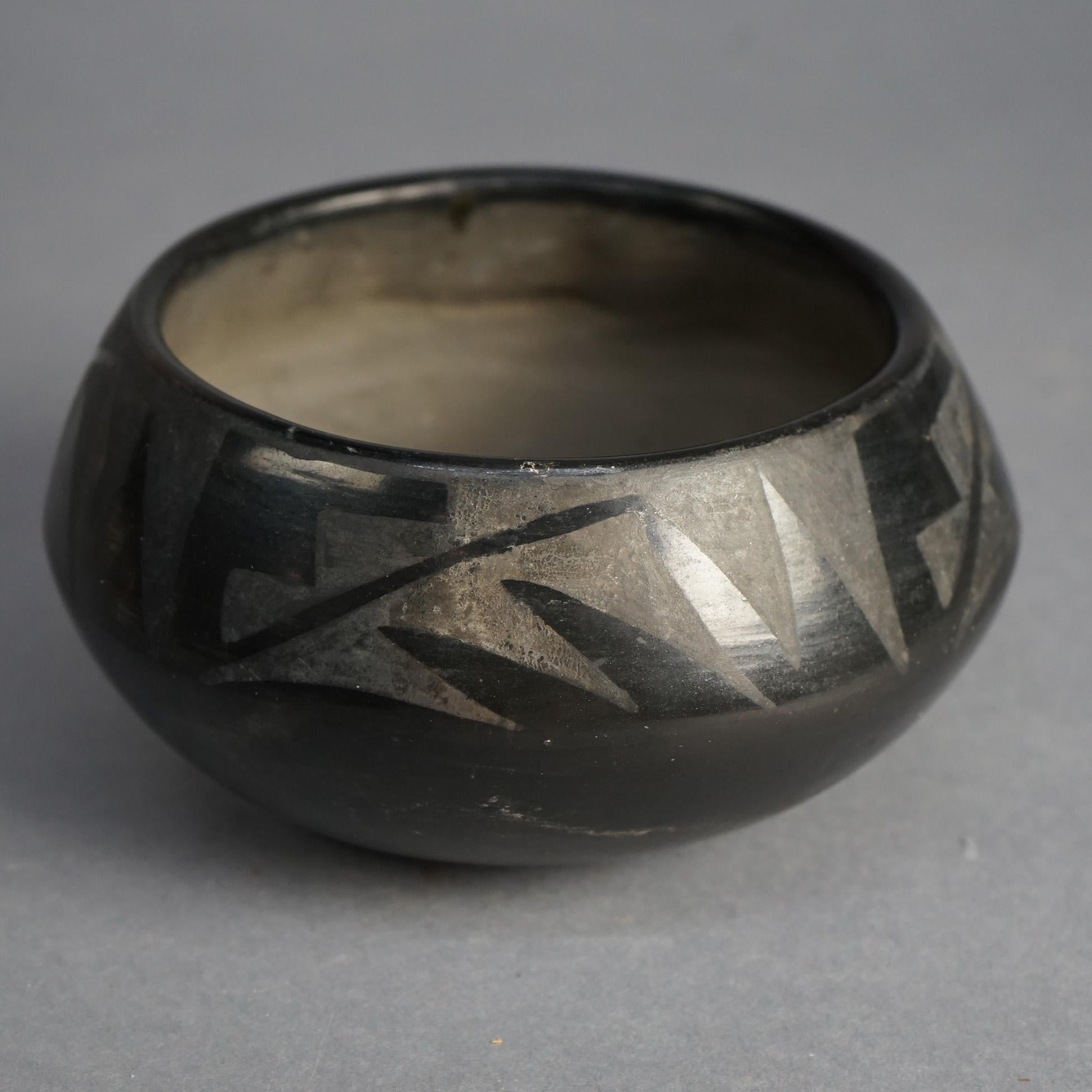 20th Century Antique Southwest San Ildefonso Black on Black Pueblo Pottery Bowl C1920