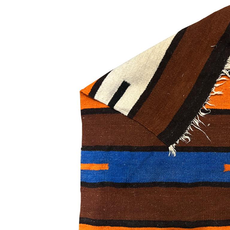 Folk Art Antique Southwest Wool Saddle Blanket in Geometric Orange, Brown, Blue and Cream For Sale