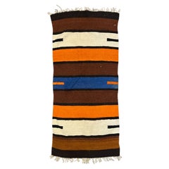 Couverture ancienne en laine du Sud-Ouest à motifs géométriques orange, Brown, bleu et crème