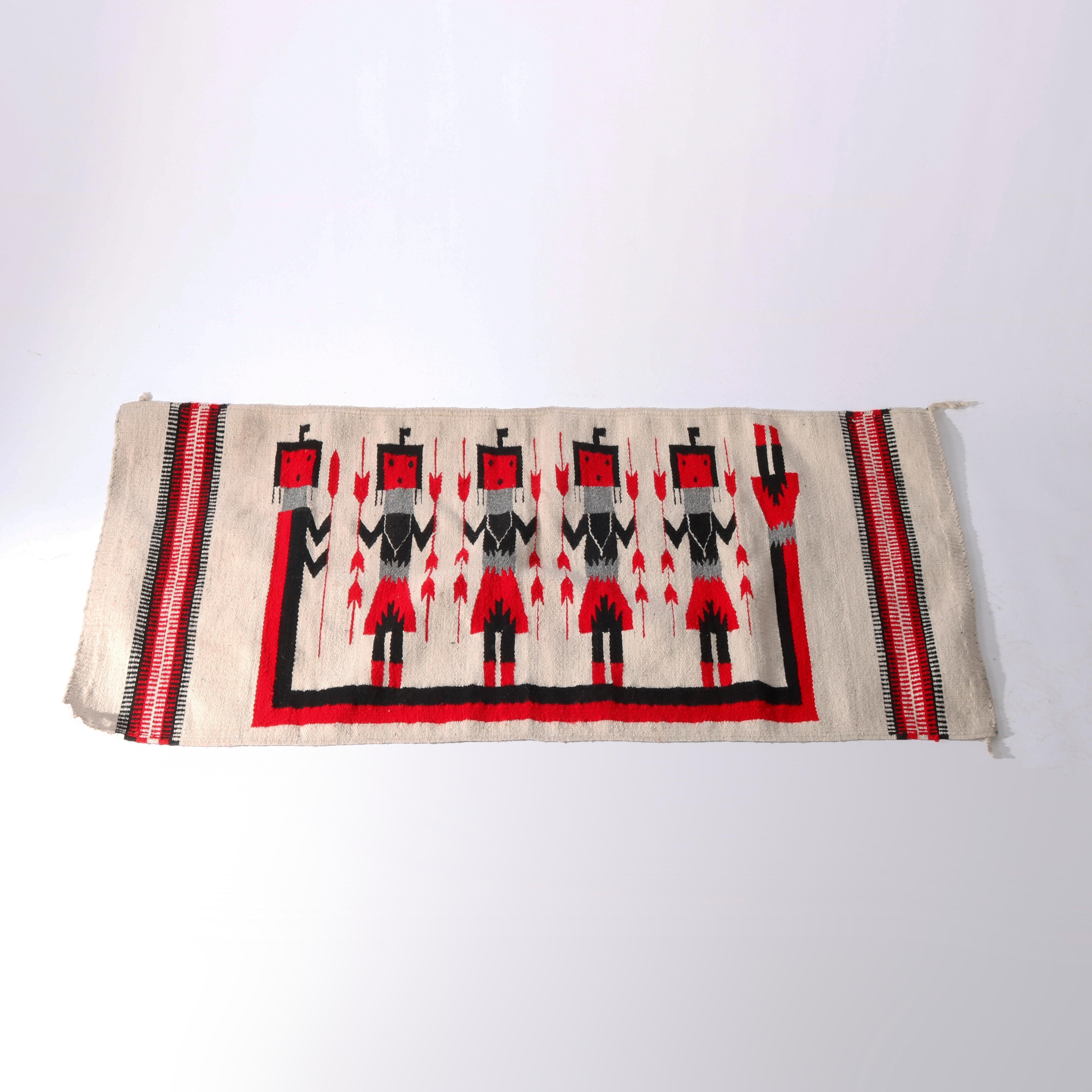 Woven Antique Southwestern American Indian Navajo Wool Five-Man Yei Rug c1930
