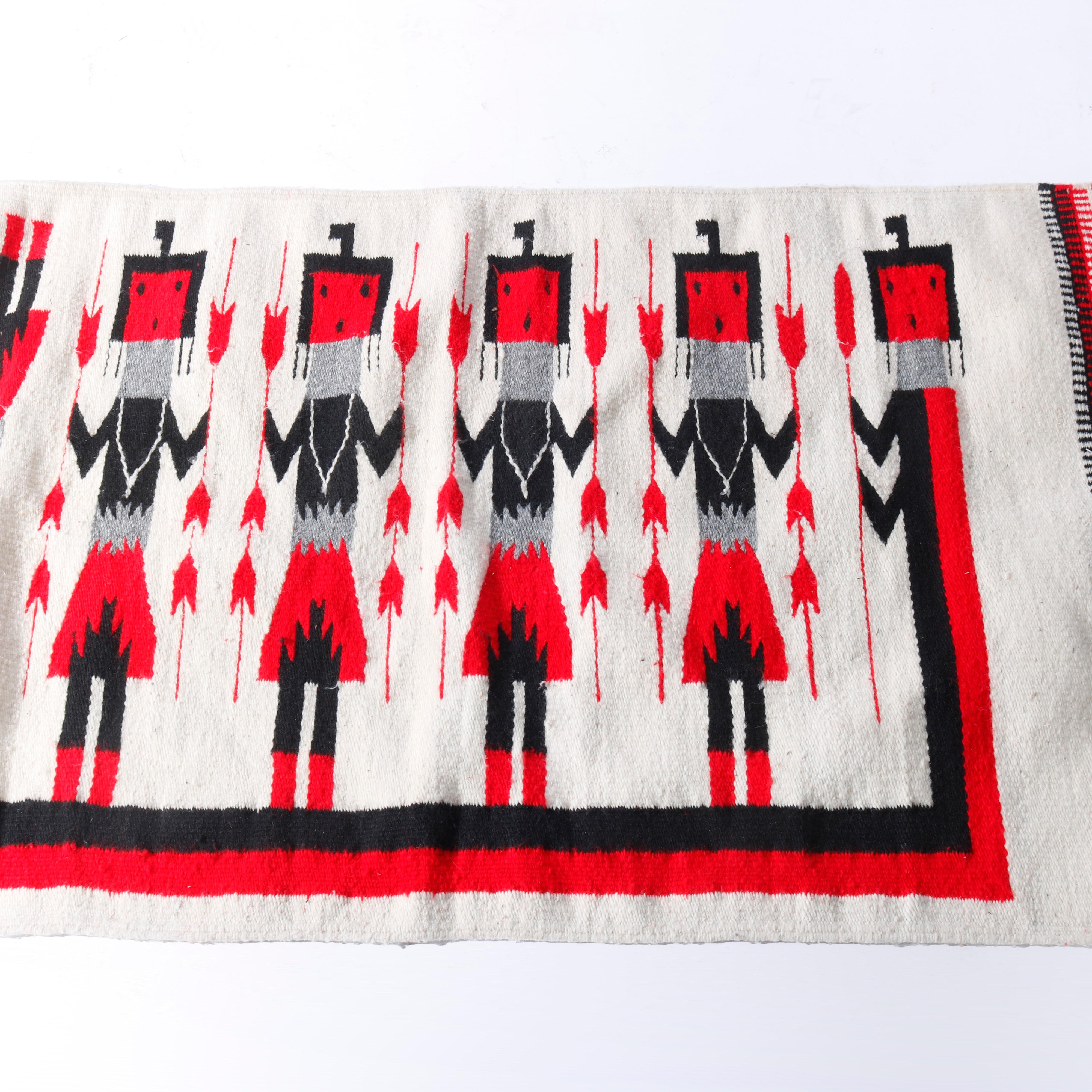 Antique Southwestern American Indian Navajo Wool Five-Man Yei Rug c1930 1
