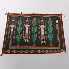 Antique Southwestern American Indian Navajo Wool Three-Man Yei Rug c1930