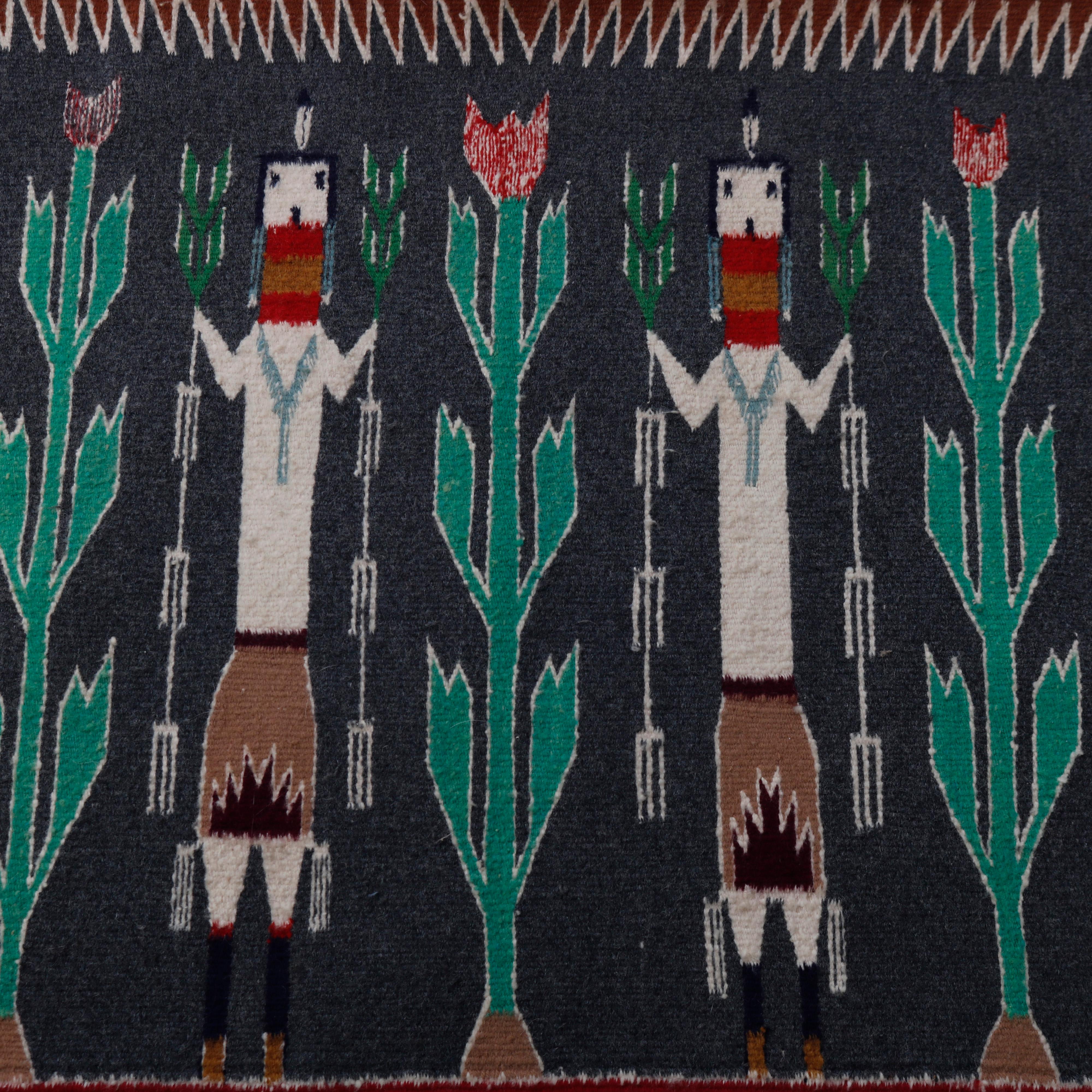 Woven Antique Southwestern American Indian Navajo Wool Three-Man Yei Rug c1930
