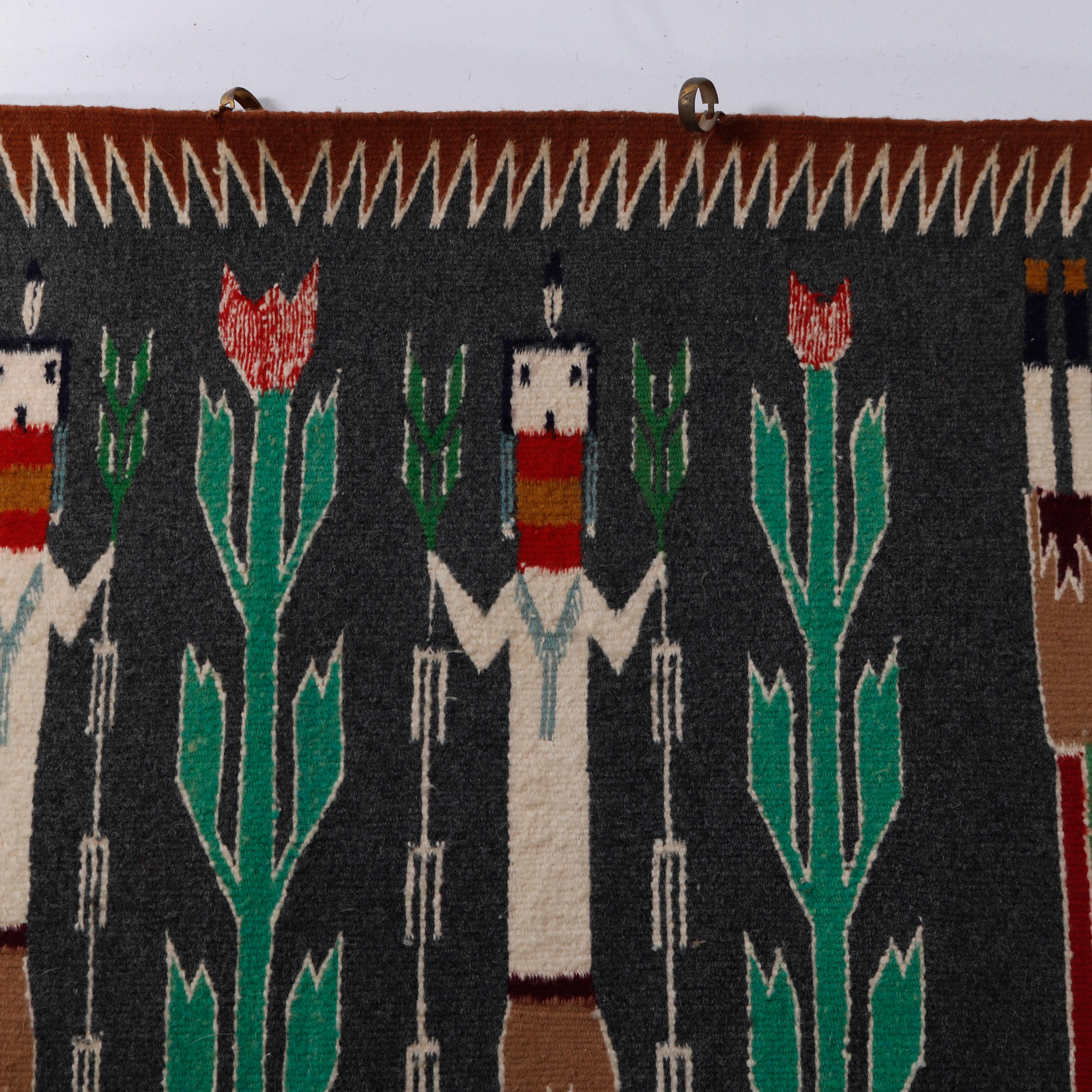 Antique Southwestern American Indian Navajo Wool Three-Man Yei Rug c1930 In Good Condition In Big Flats, NY