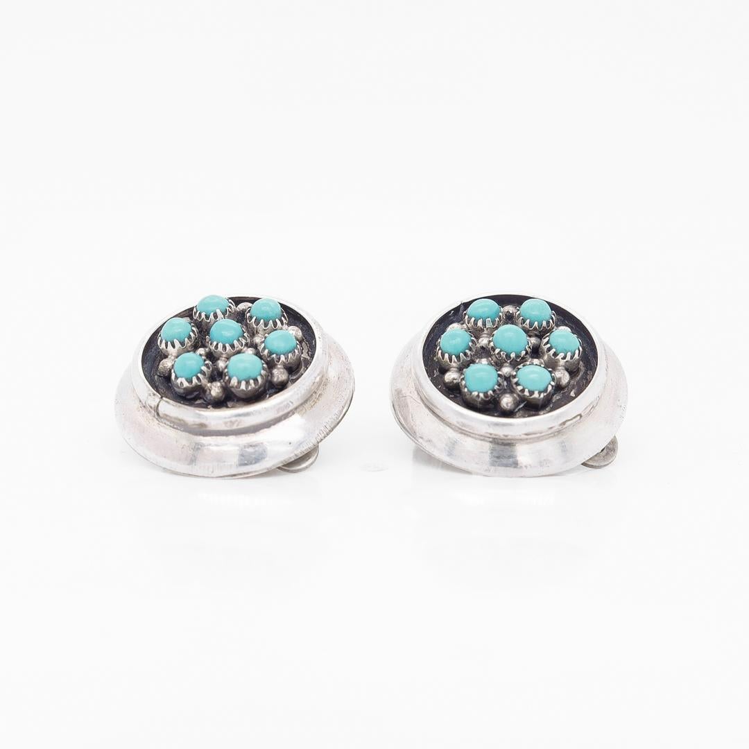 Antique Southwestern Style Sterling Silver & Turquoise Cabochon Clip Earrings For Sale 7