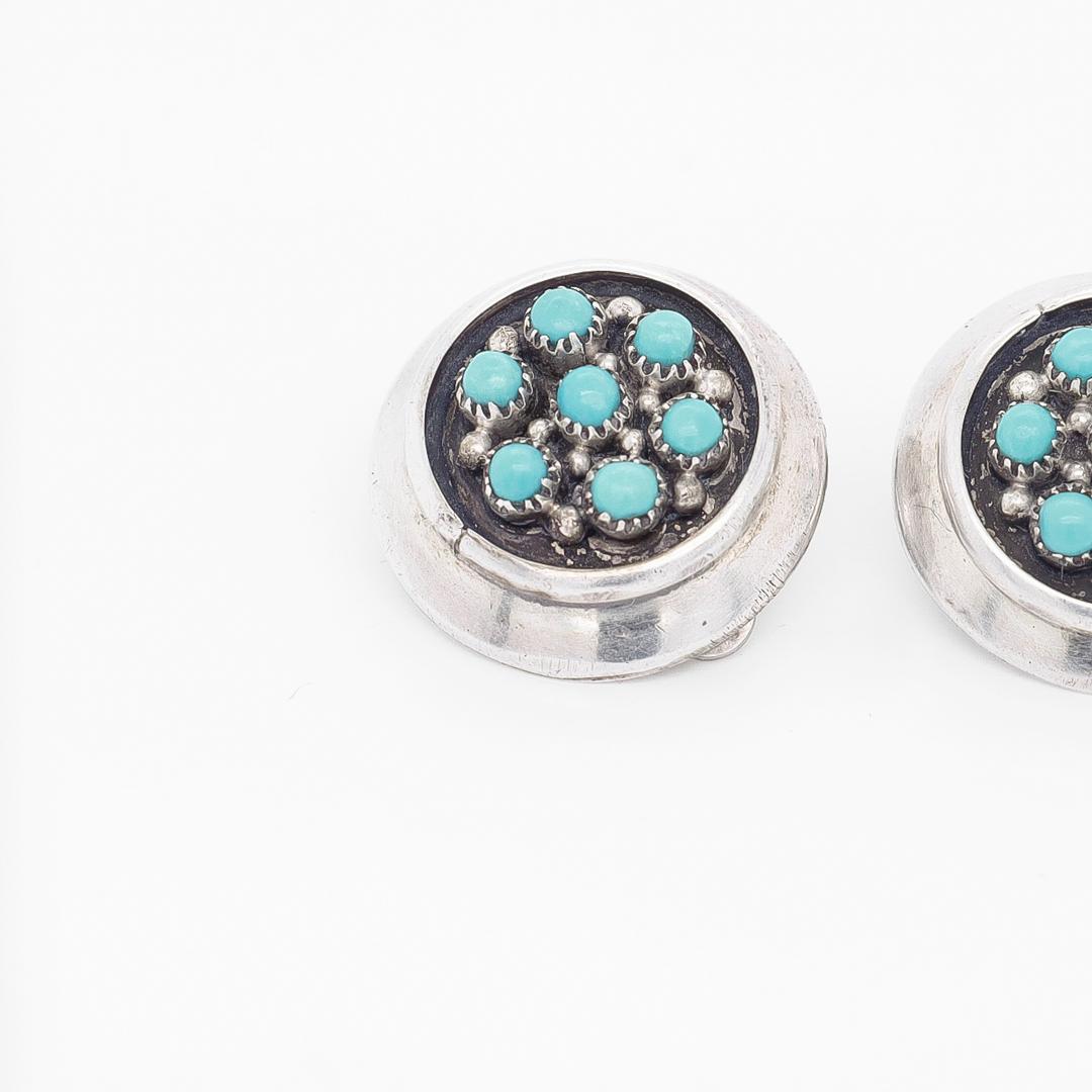Antique Southwestern Style Sterling Silver & Turquoise Cabochon Clip Earrings For Sale 8