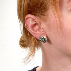 Antique Southwestern Style Sterling Silver & Turquoise Cabochon Clip Earrings