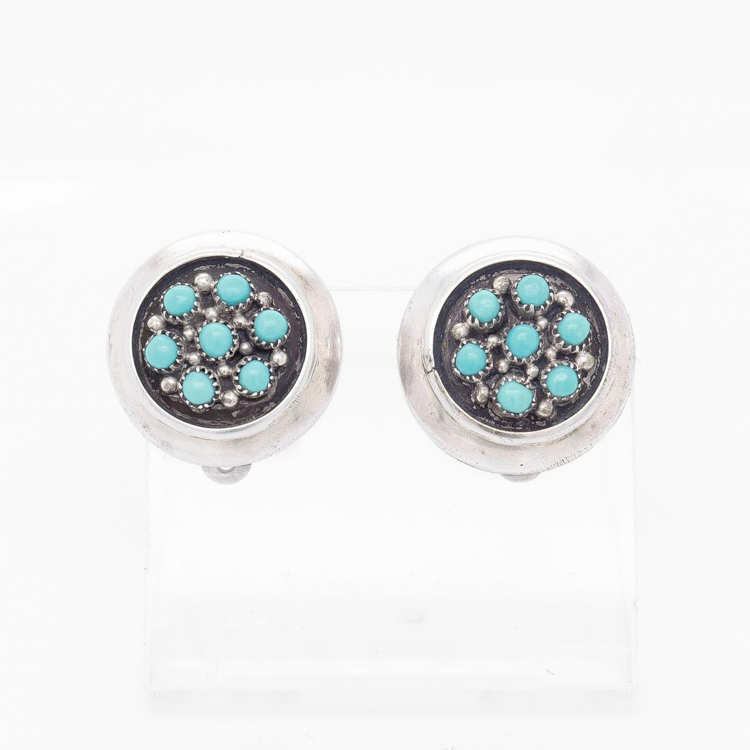 Native American Antique Southwestern Style Sterling Silver & Turquoise Cabochon Clip Earrings For Sale