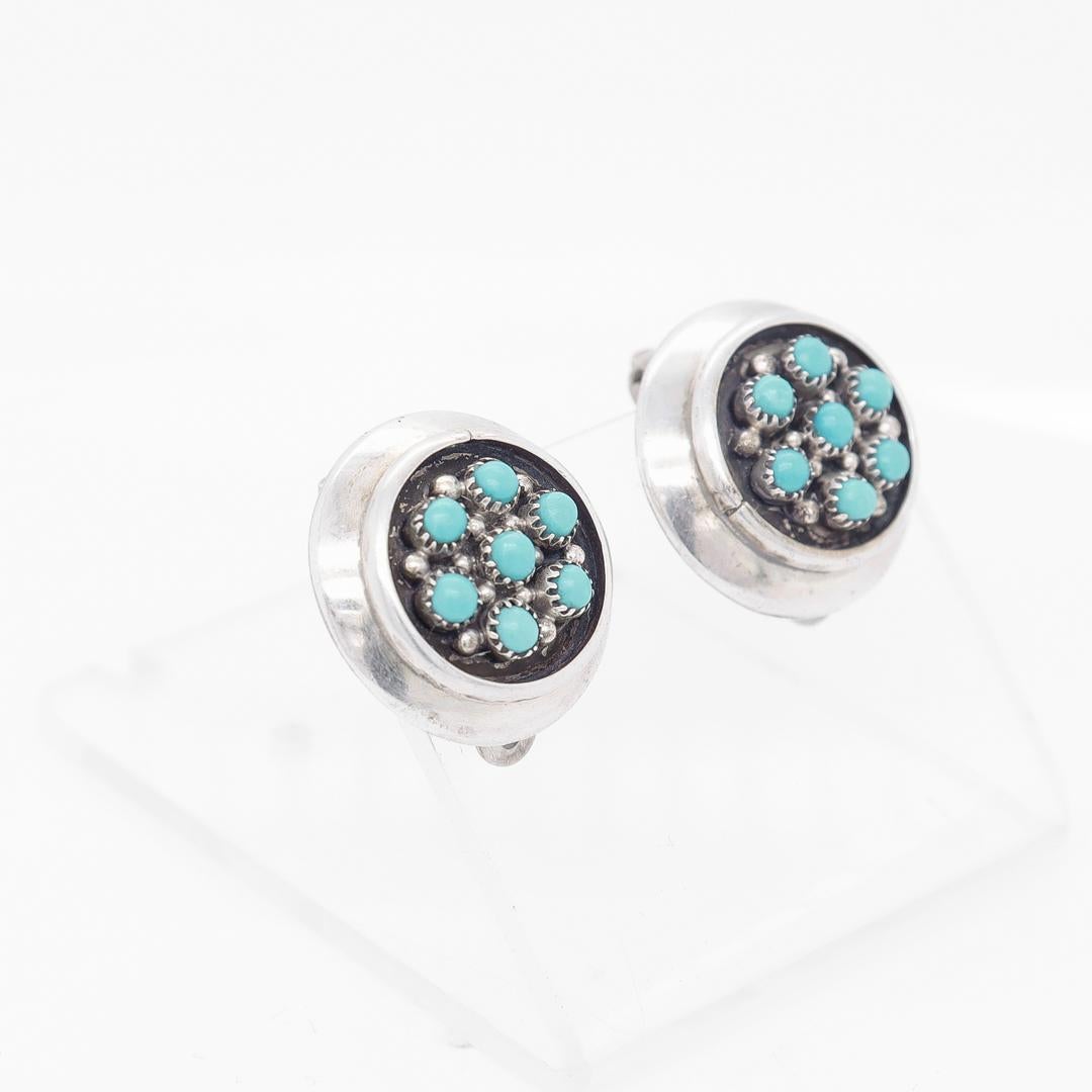 Women's Antique Southwestern Style Sterling Silver & Turquoise Cabochon Clip Earrings For Sale