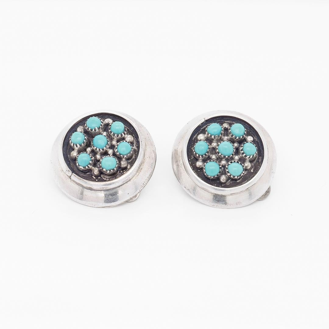 Antique Southwestern Style Sterling Silver & Turquoise Cabochon Clip Earrings For Sale 2