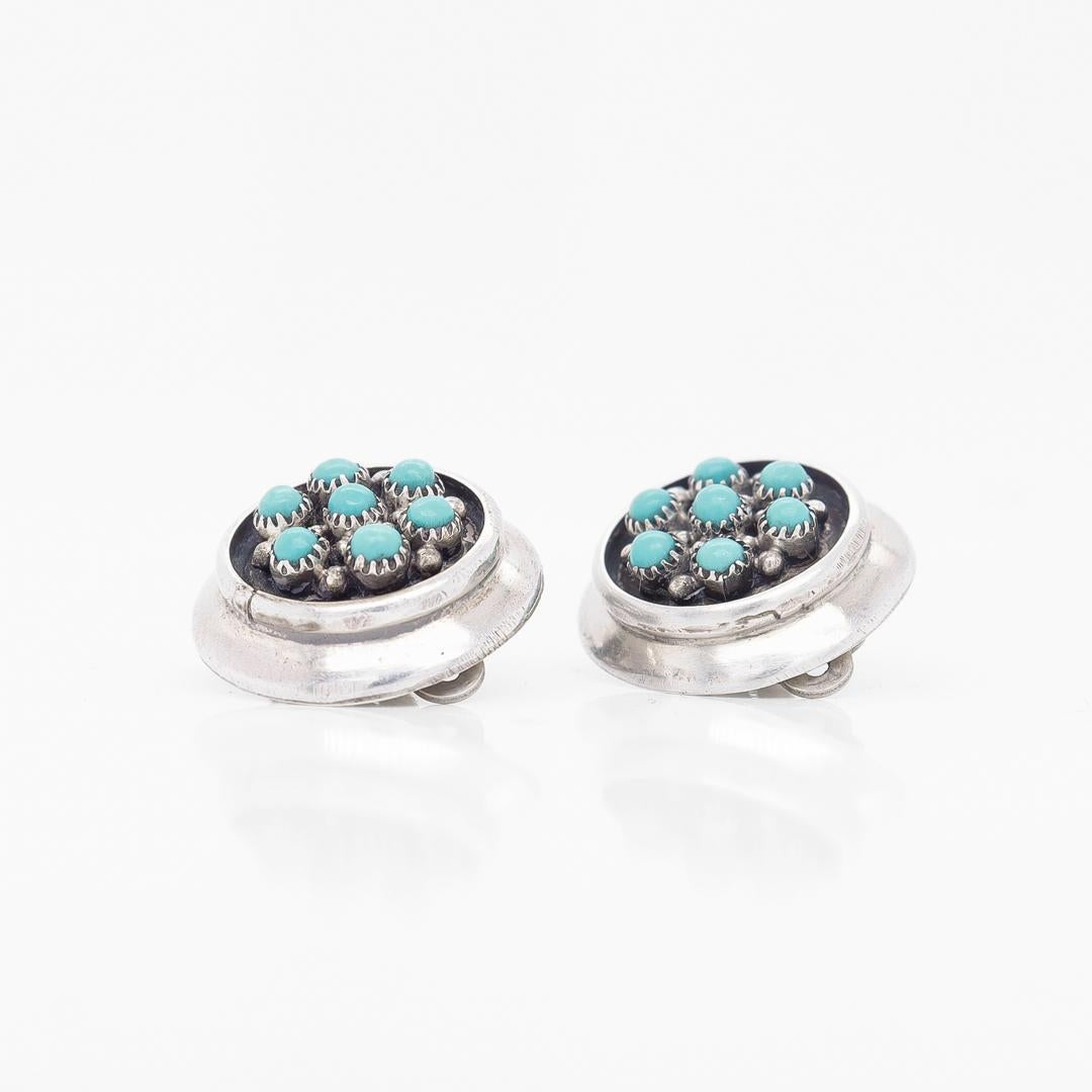 Antique Southwestern Style Sterling Silver & Turquoise Cabochon Clip Earrings For Sale 3